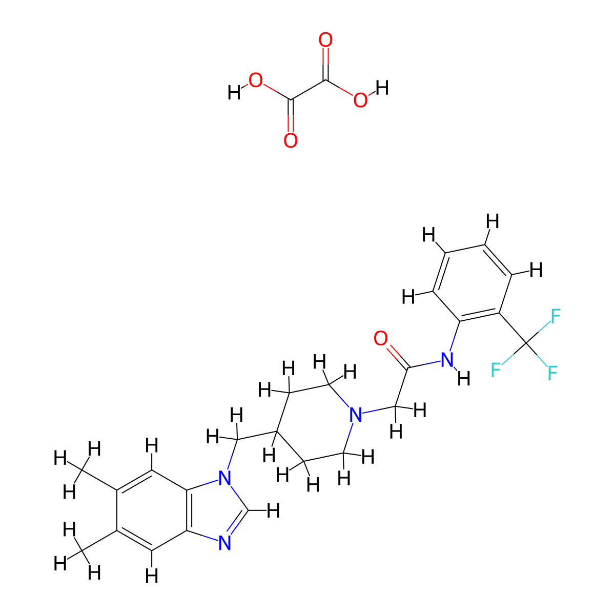 2-(4-((5,6-dimethyl-1H-benzo[d]imidazol-1-yl)methyl)piperidin-1-yl)-N-(2-(trifluoromethyl)phenyl)acetamide oxalate molecular structure, CAS 1351595-42-0