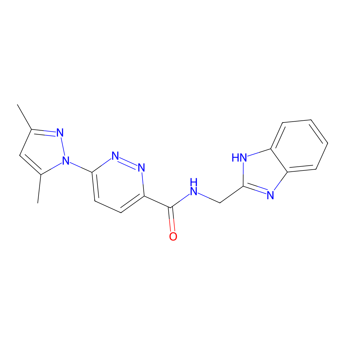 N-((1H-benzo[d]imidazol-2-yl)methyl)-6-(3,5-dimethyl-1H-pyrazol-1-yl)pyridazine-3-carboxamide molecular structure, CAS 1351595-53-3
