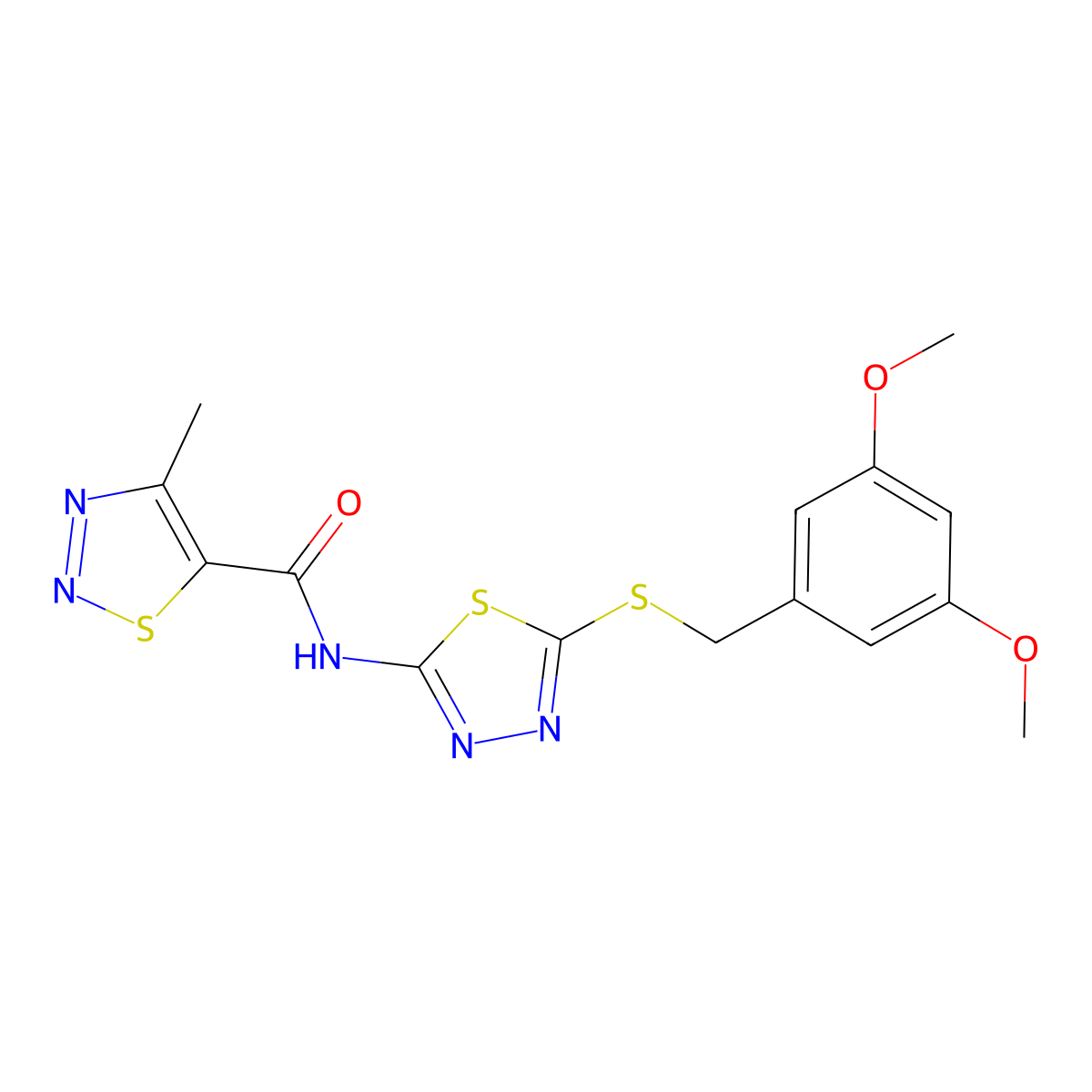 N-(5-((3,5-dimethoxybenzyl)thio)-1,3,4-thiadiazol-2-yl)-4-methyl-1,2,3-thiadiazole-5-carboxamide molecular structure, CAS 1351595-56-6
