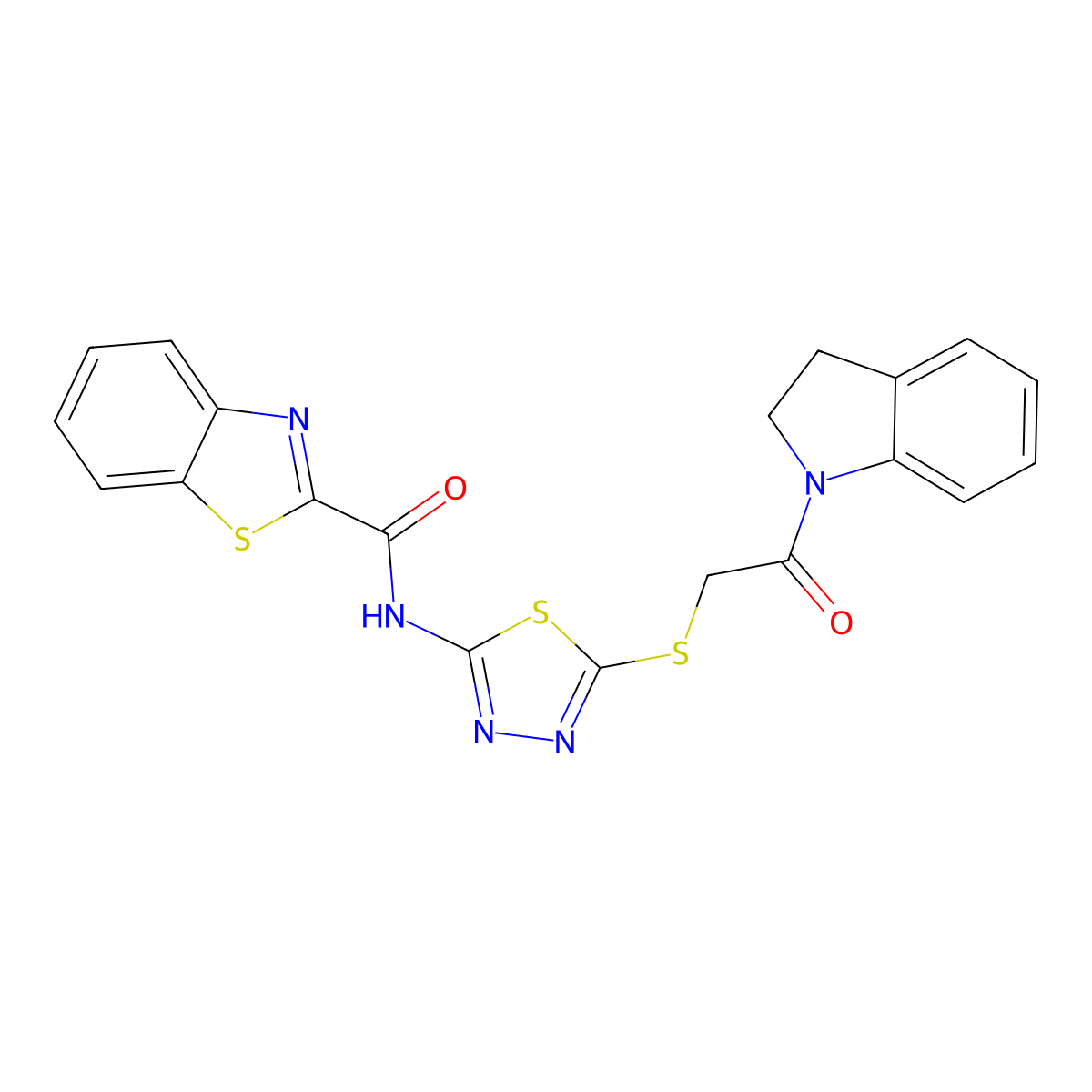 N-(5-((2-(indolin-1-yl)-2-oxoethyl)thio)-1,3,4-thiadiazol-2-yl)benzo[d]thiazole-2-carboxamide molecular structure, CAS 1351595-66-8