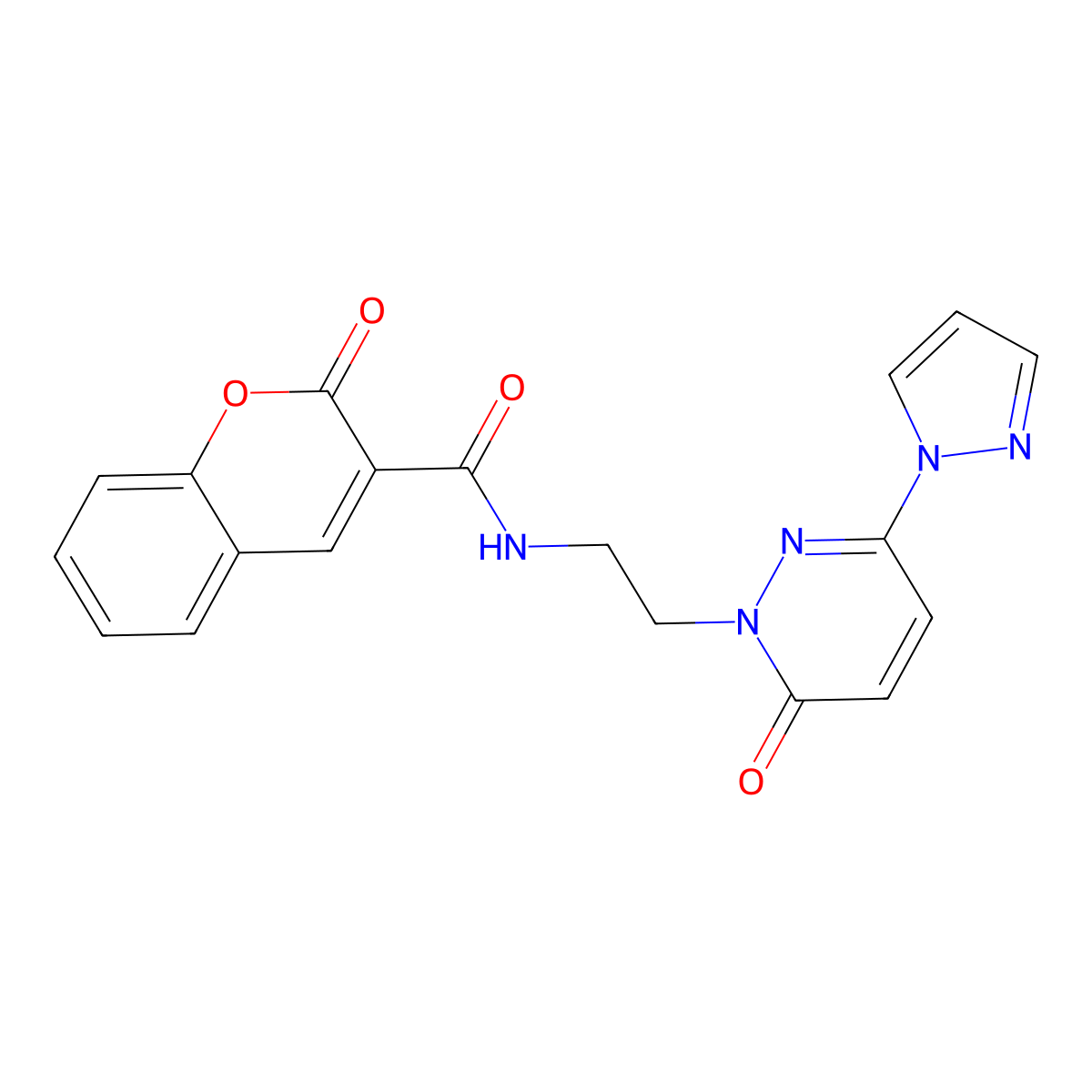 2-oxo-N-(2-(6-oxo-3-(1H-pyrazol-1-yl)pyridazin-1(6H)-yl)ethyl)-2H-chromene-3-carboxamide molecular structure, CAS 1351595-71-5
