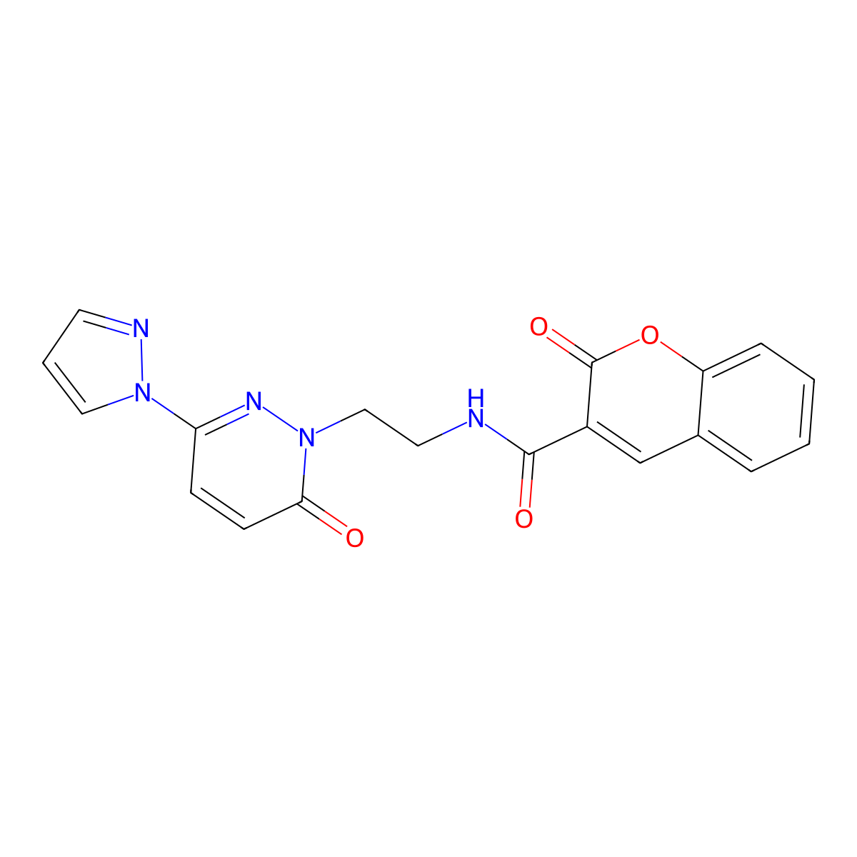 2-oxo-N-(2-(6-oxo-3-(1H-pyrazol-1-yl)pyridazin-1(6H)-yl)ethyl)-2H-chromene-3-carboxamide molecular structure, CAS 1351595-71-5