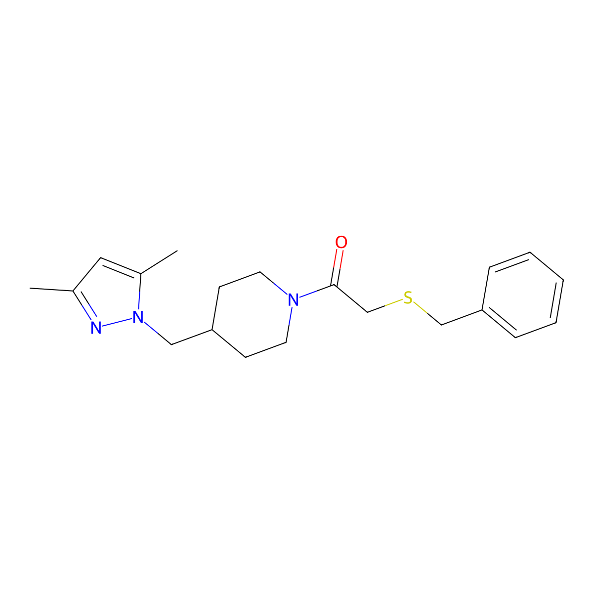 2-(benzylthio)-1-(4-((3,5-dimethyl-1H-pyrazol-1-yl)methyl)piperidin-1-yl)ethanone molecular structure, CAS 1351596-03-6
