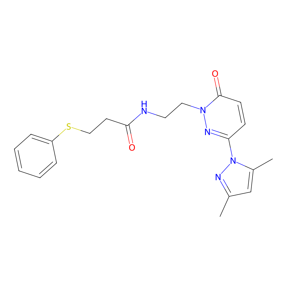 N-(2-(3-(3,5-dimethyl-1H-pyrazol-1-yl)-6-oxopyridazin-1(6H)-yl)ethyl)-3-(phenylthio)propanamide molecular structure, CAS 1351596-04-7