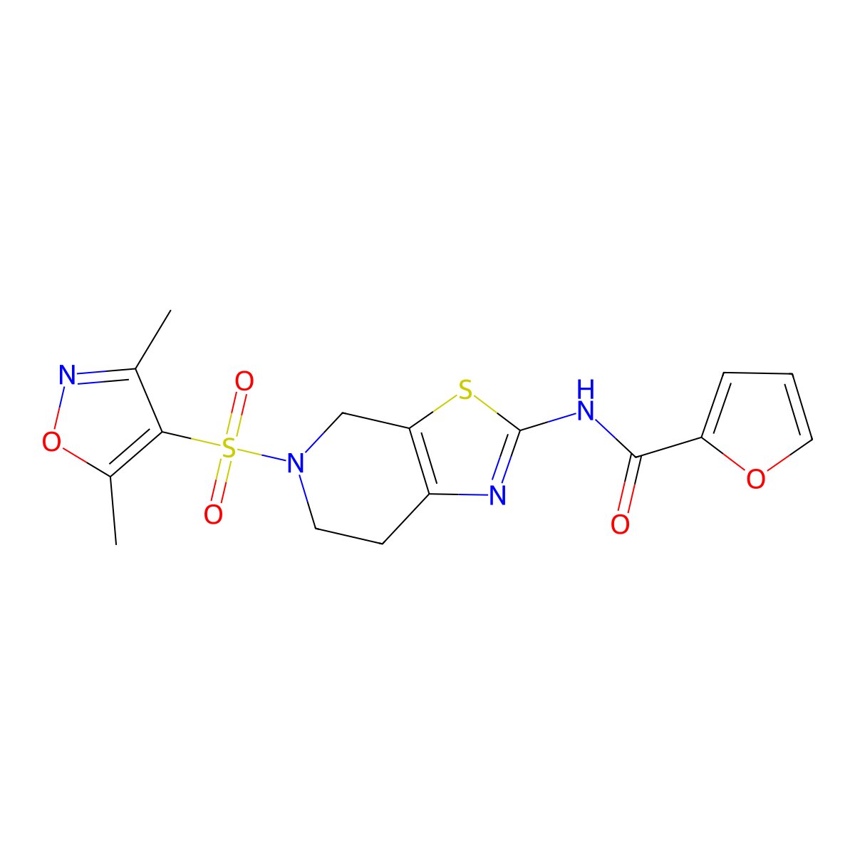 N-(5-((3,5-dimethylisoxazol-4-yl)sulfonyl)-4,5,6,7-tetrahydrothiazolo[5,4-c]pyridin-2-yl)furan-2-carboxamide molecular structure, CAS 1351596-13-8