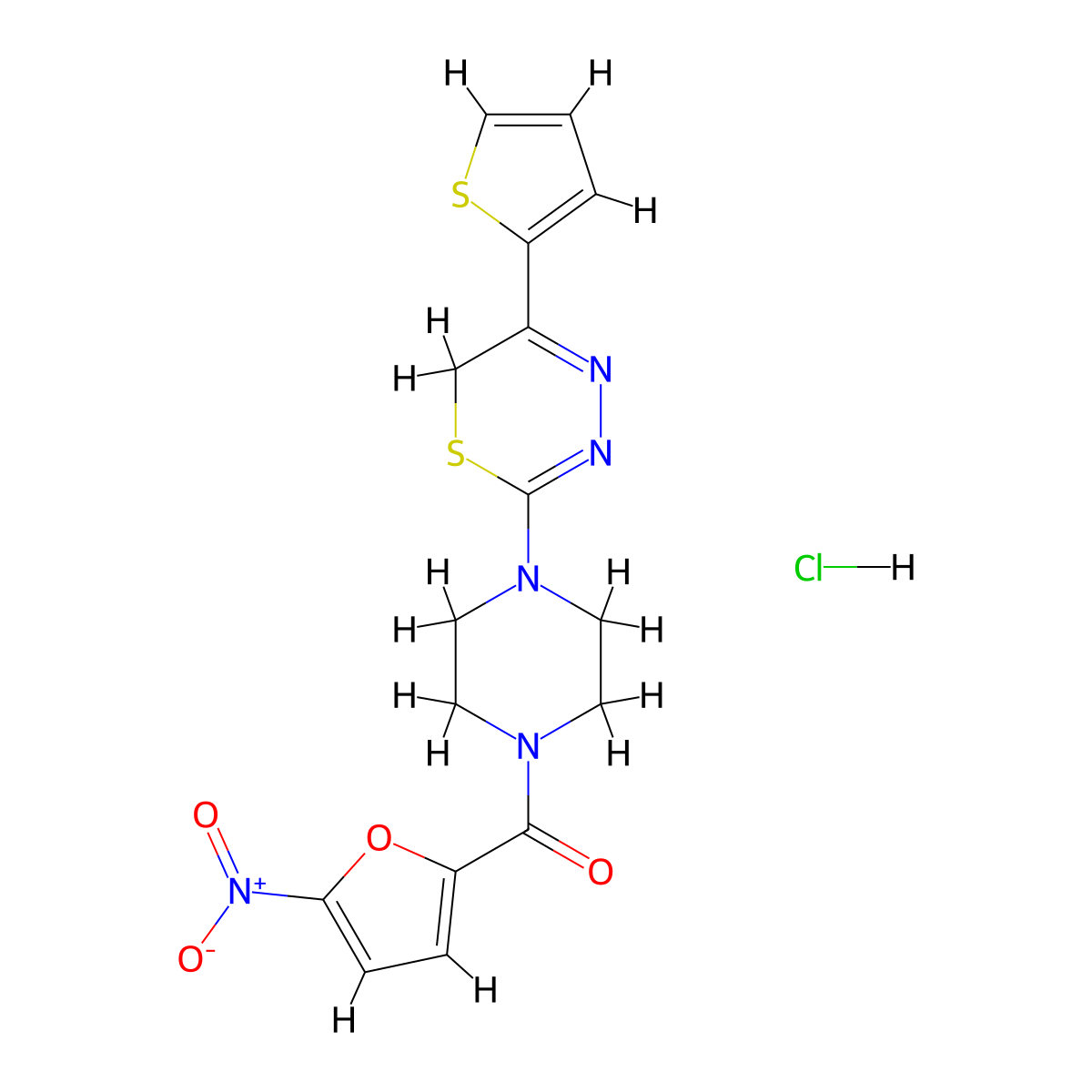 (5-nitrofuran-2-yl)(4-(5-(thiophen-2-yl)-6H-1,3,4-thiadiazin-2-yl)piperazin-1-yl)methanone hydrochloride molecular structure, CAS 1351596-23-0