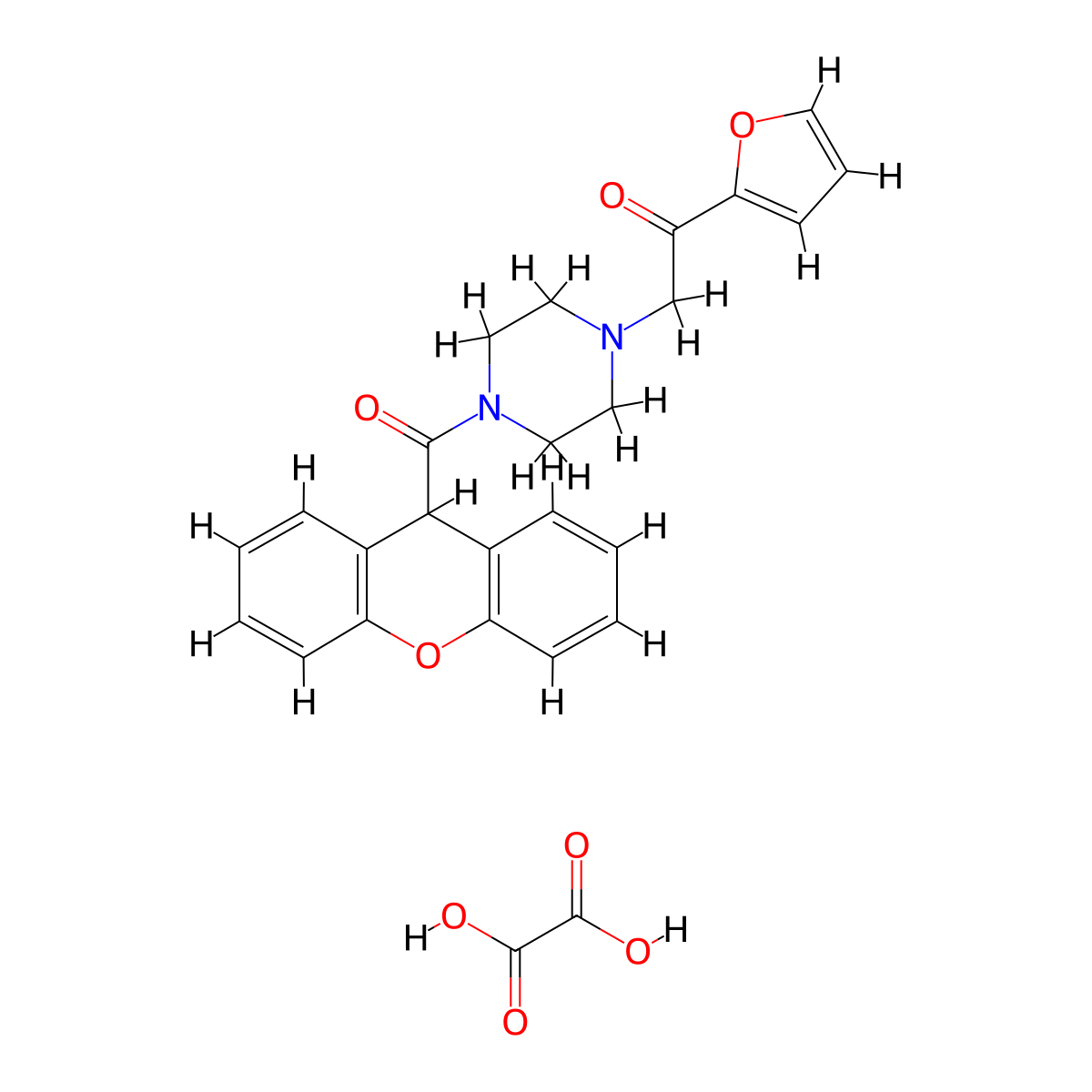 2-(4-(9H-xanthene-9-carbonyl)piperazin-1-yl)-1-(furan-2-yl)ethanone oxalate molecular structure, CAS 1351596-32-1