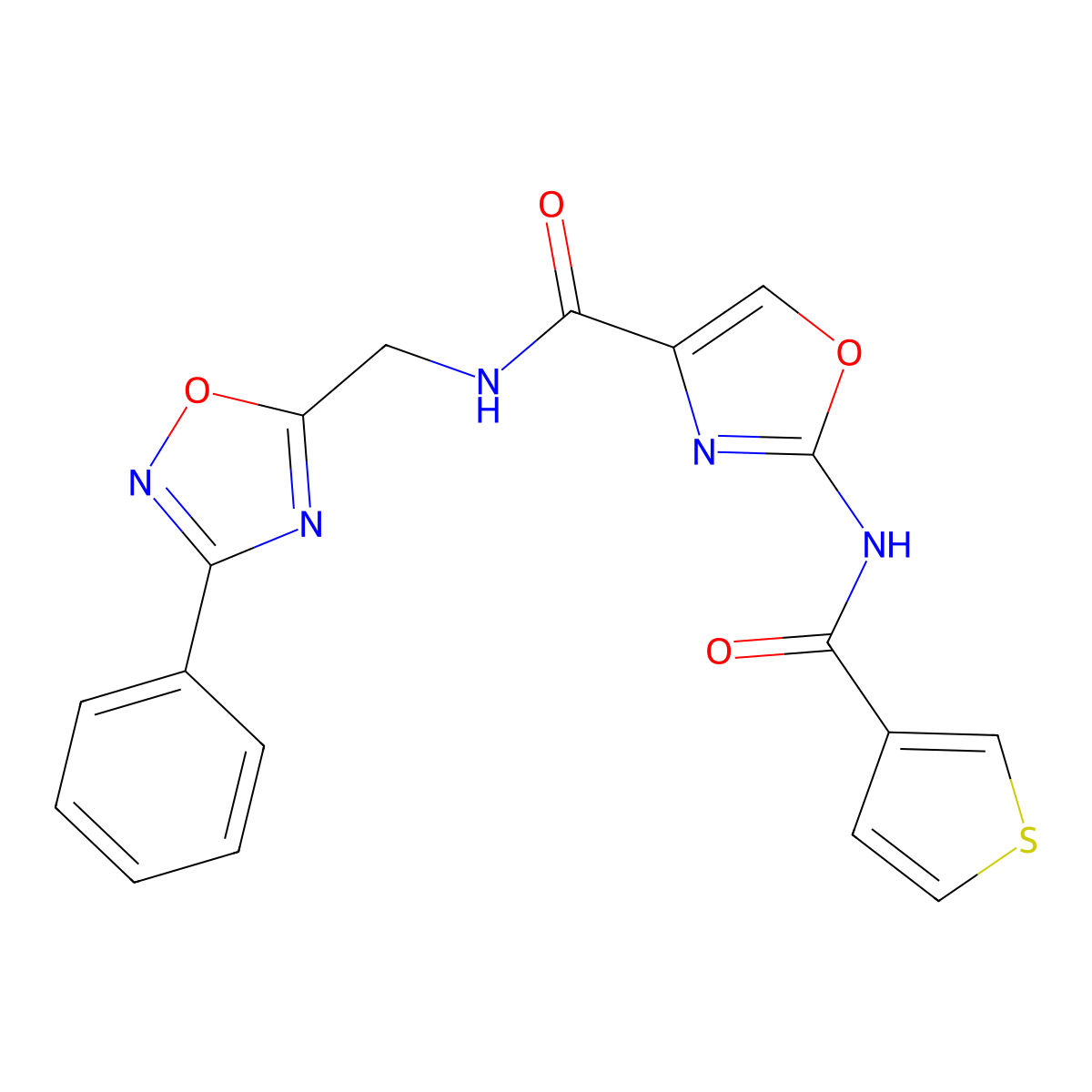 N-((3-phenyl-1,2,4-oxadiazol-5-yl)methyl)-2-(thiophene-3-carboxamido)oxazole-4-carboxamide molecular structure, CAS 1351596-34-3