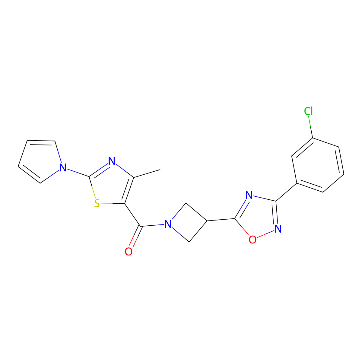 (3-(3-(3-chlorophenyl)-1,2,4-oxadiazol-5-yl)azetidin-1-yl)(4-methyl-2-(1H-pyrrol-1-yl)thiazol-5-yl)methanone molecular structure, CAS 1351596-42-3