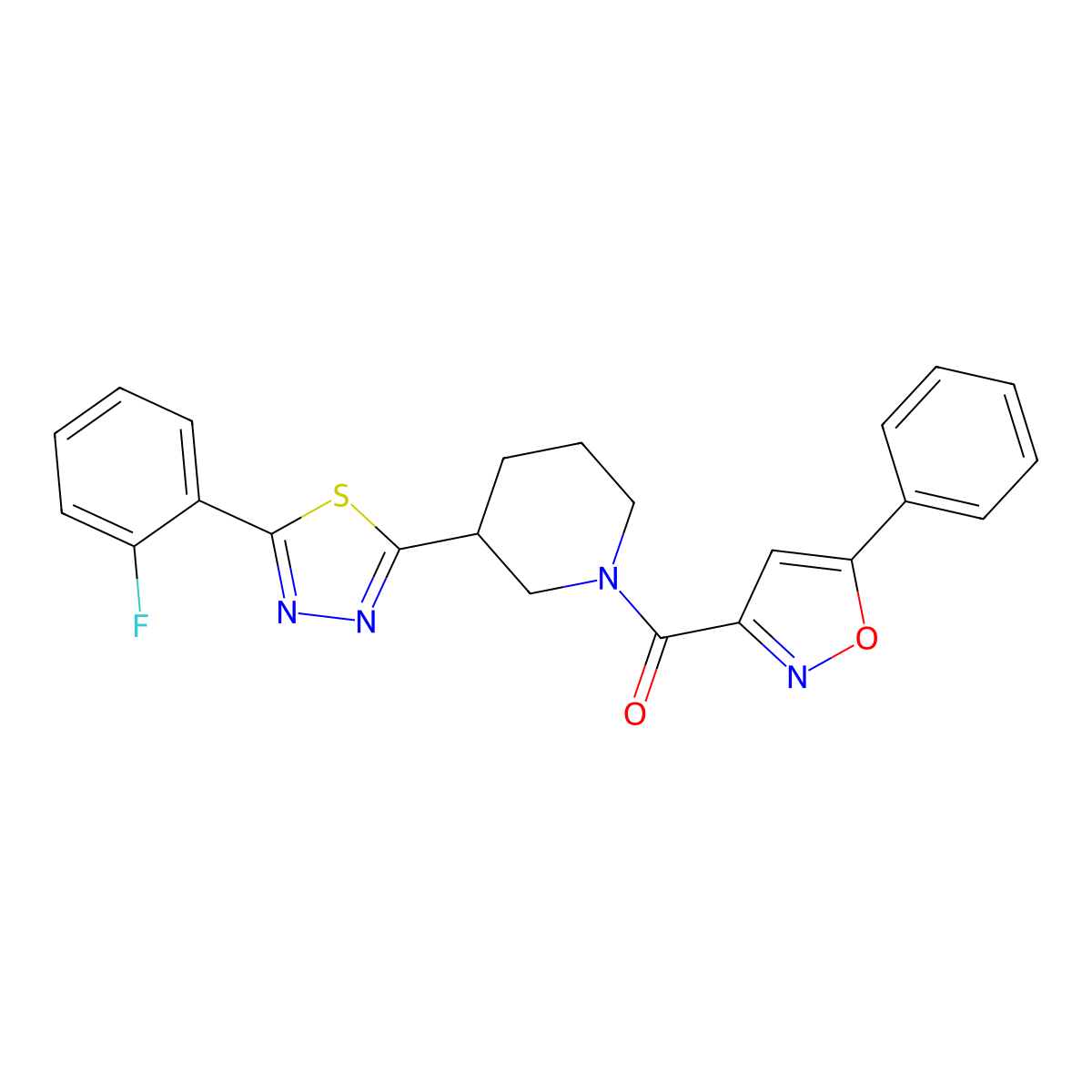 (3-(5-(2-Fluorophenyl)-1,3,4-thiadiazol-2-yl)piperidin-1-yl)(5-phenylisoxazol-3-yl)methanone molecular structure, CAS 1351596-45-6