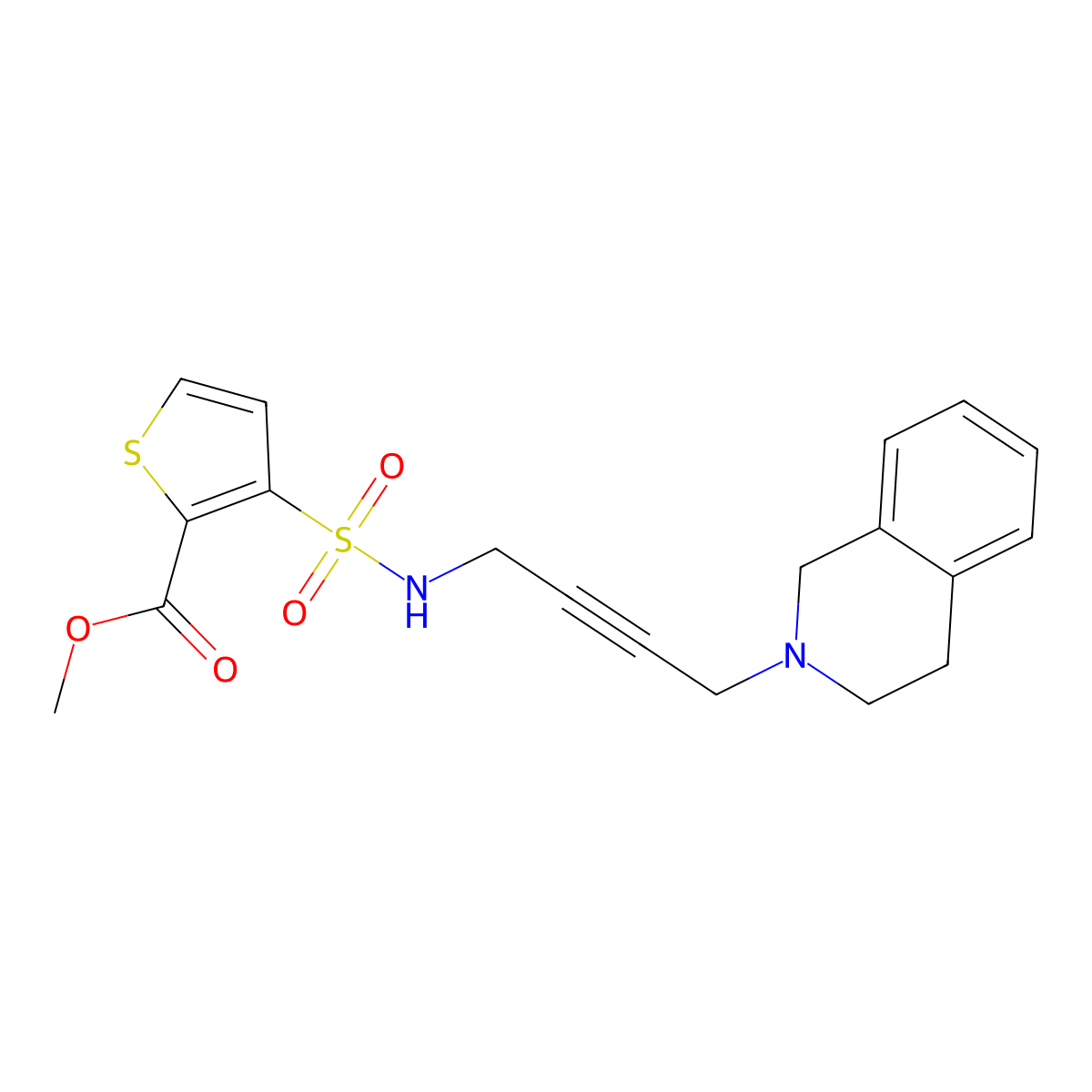 methyl 3-(N-(4-(3,4-dihydroisoquinolin-2(1H)-yl)but-2-yn-1-yl)sulfamoyl)thiophene-2-carboxylate molecular structure, CAS 1351596-66-1