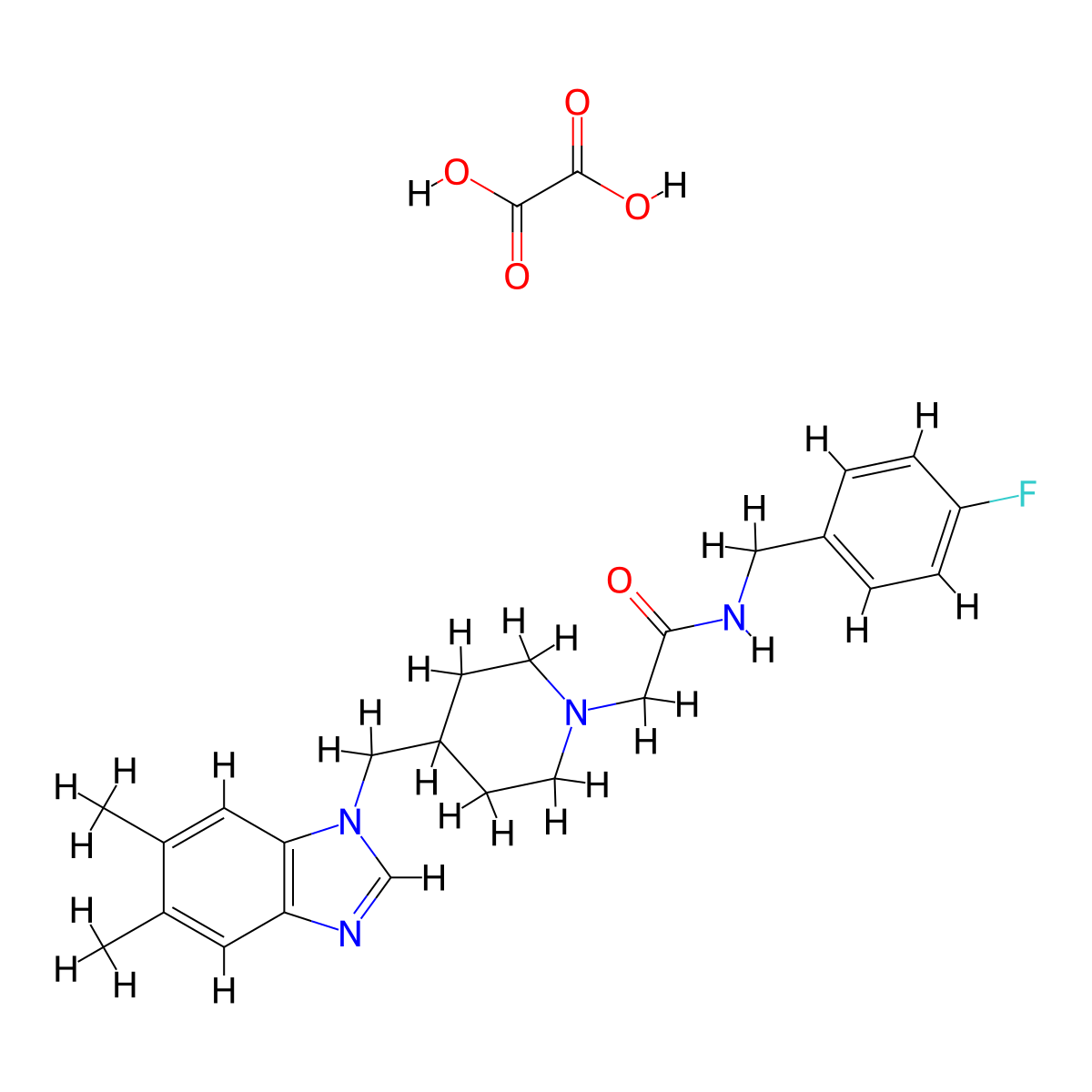 2-(4-((5,6-dimethyl-1H-benzo[d]imidazol-1-yl)methyl)piperidin-1-yl)-N-(4-fluorobenzyl)acetamide oxalate molecular structure, CAS 1351596-67-2