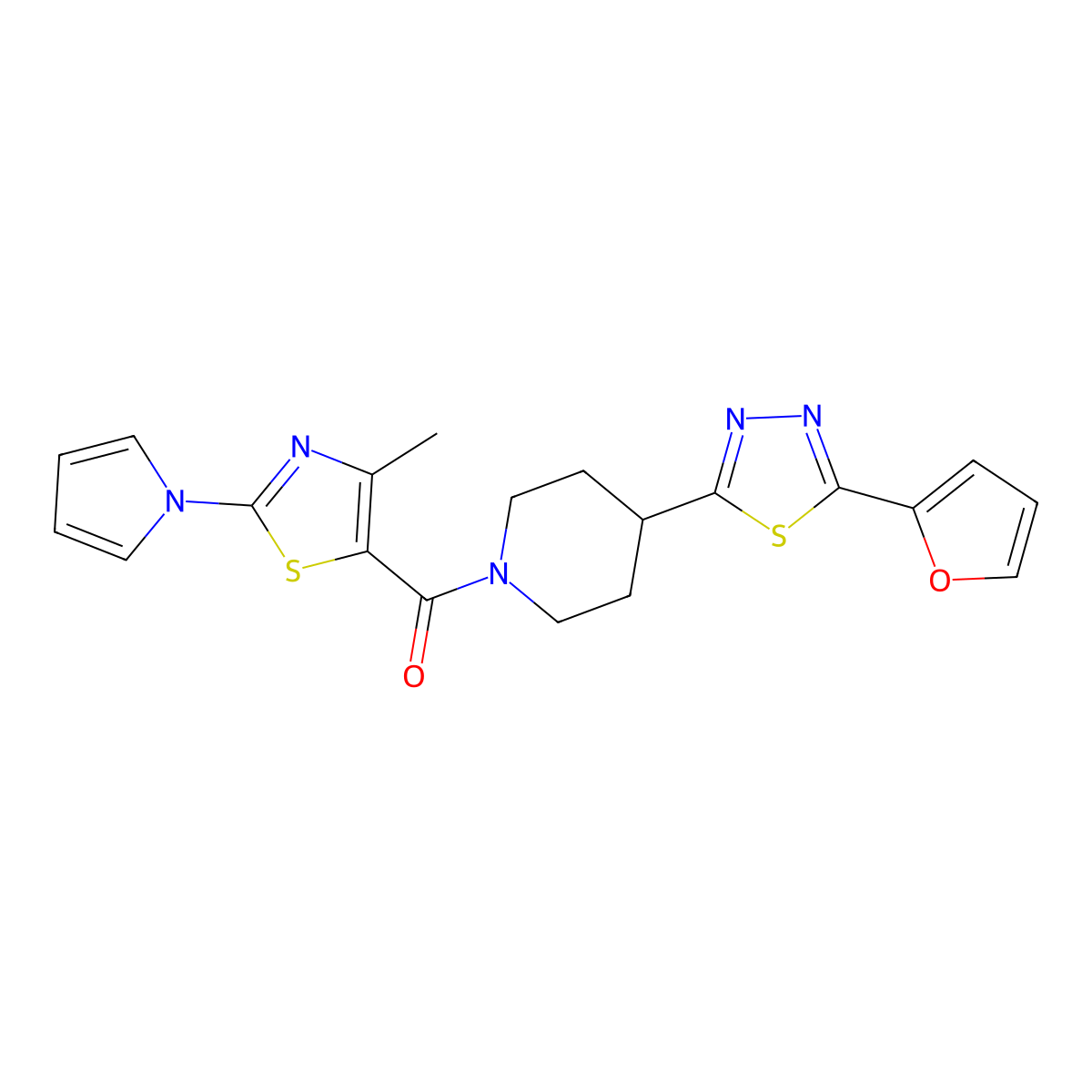 (4-(5-(furan-2-yl)-1,3,4-thiadiazol-2-yl)piperidin-1-yl)(4-methyl-2-(1H-pyrrol-1-yl)thiazol-5-yl)methanone molecular structure, CAS 1351596-70-7