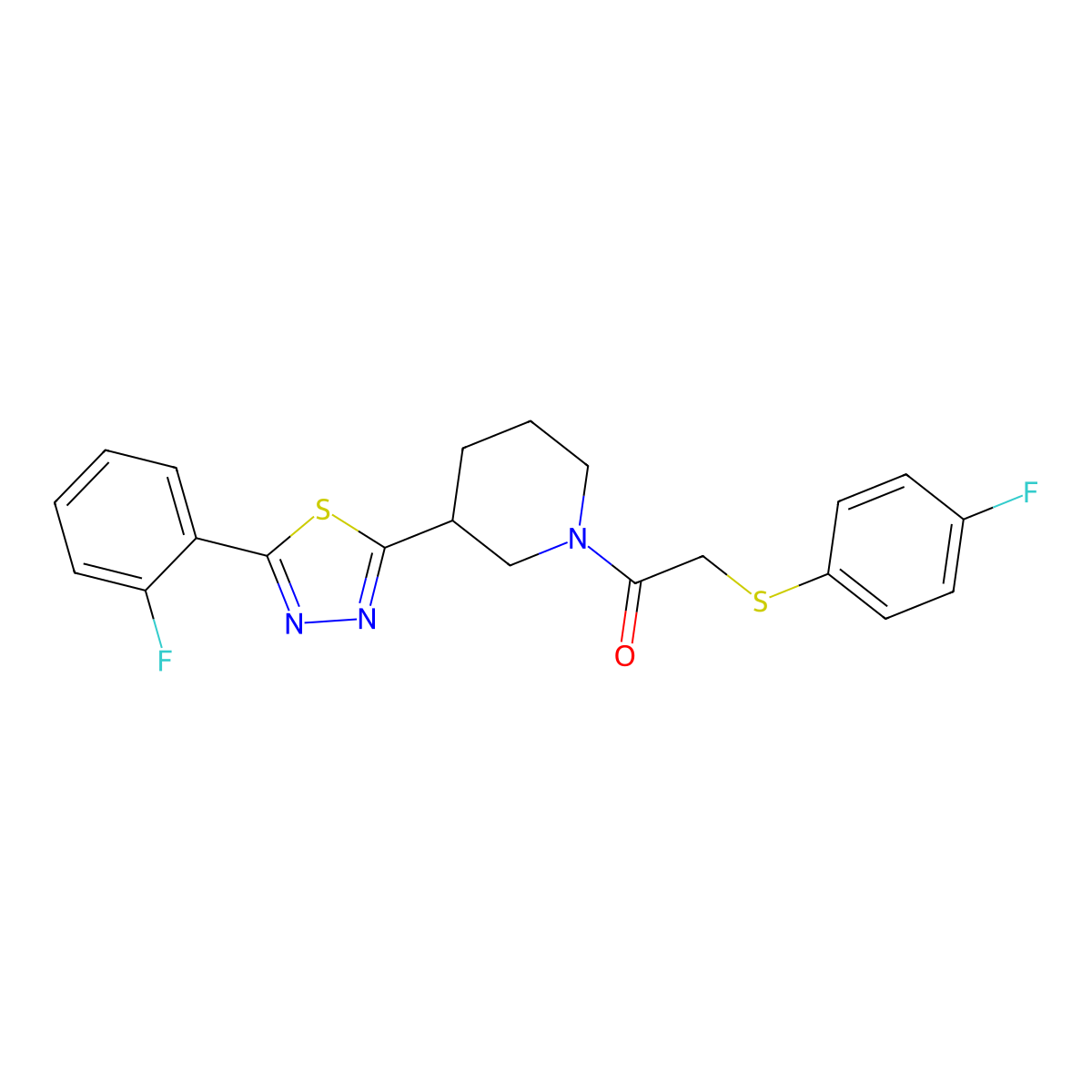 1-(3-(5-(2-Fluorophenyl)-1,3,4-thiadiazol-2-yl)piperidin-1-yl)-2-((4-fluorophenyl)thio)ethanone molecular structure, CAS 1351596-72-9