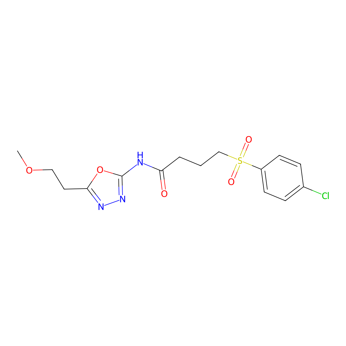 4-((4-chlorophenyl)sulfonyl)-N-(5-(2-methoxyethyl)-1,3,4-oxadiazol-2-yl)butanamide molecular structure, CAS 1351596-80-9