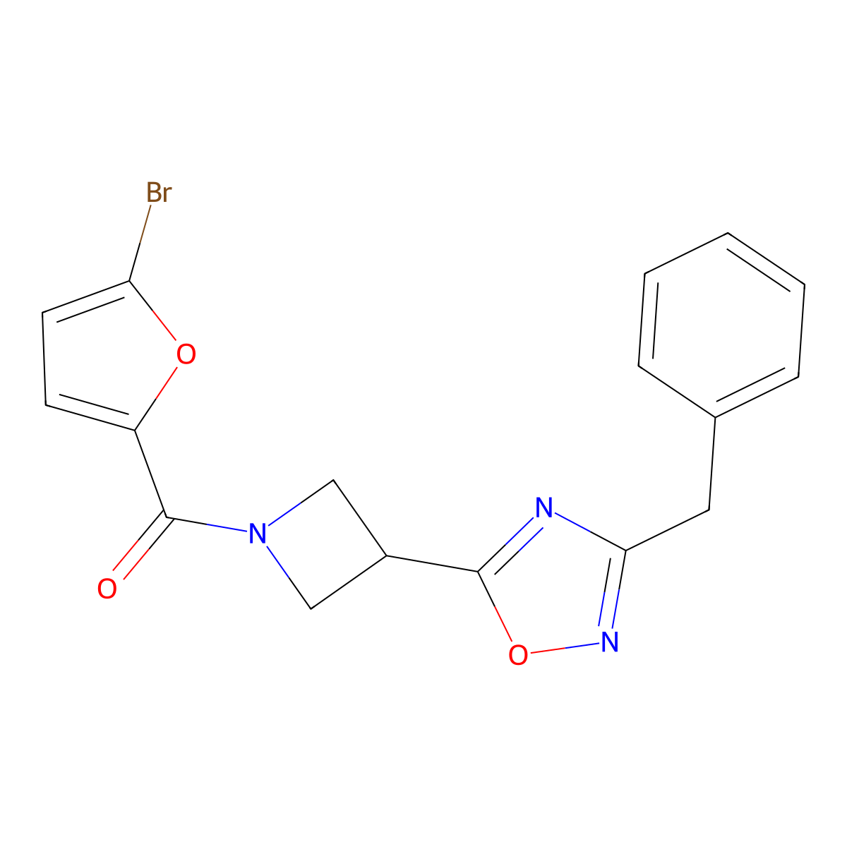 (3-(3-Benzyl-1,2,4-oxadiazol-5-yl)azetidin-1-yl)(5-bromofuran-2-yl)methanone molecular structure, CAS 1351597-02-8