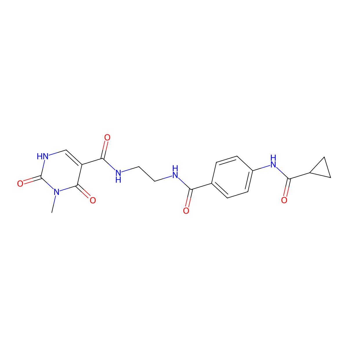 N-(2-(4-(cyclopropanecarboxamido)benzamido)ethyl)-3-methyl-2,4-dioxo-1,2,3,4-tetrahydropyrimidine-5-carboxamide molecular structure, CAS 1351597-36-8