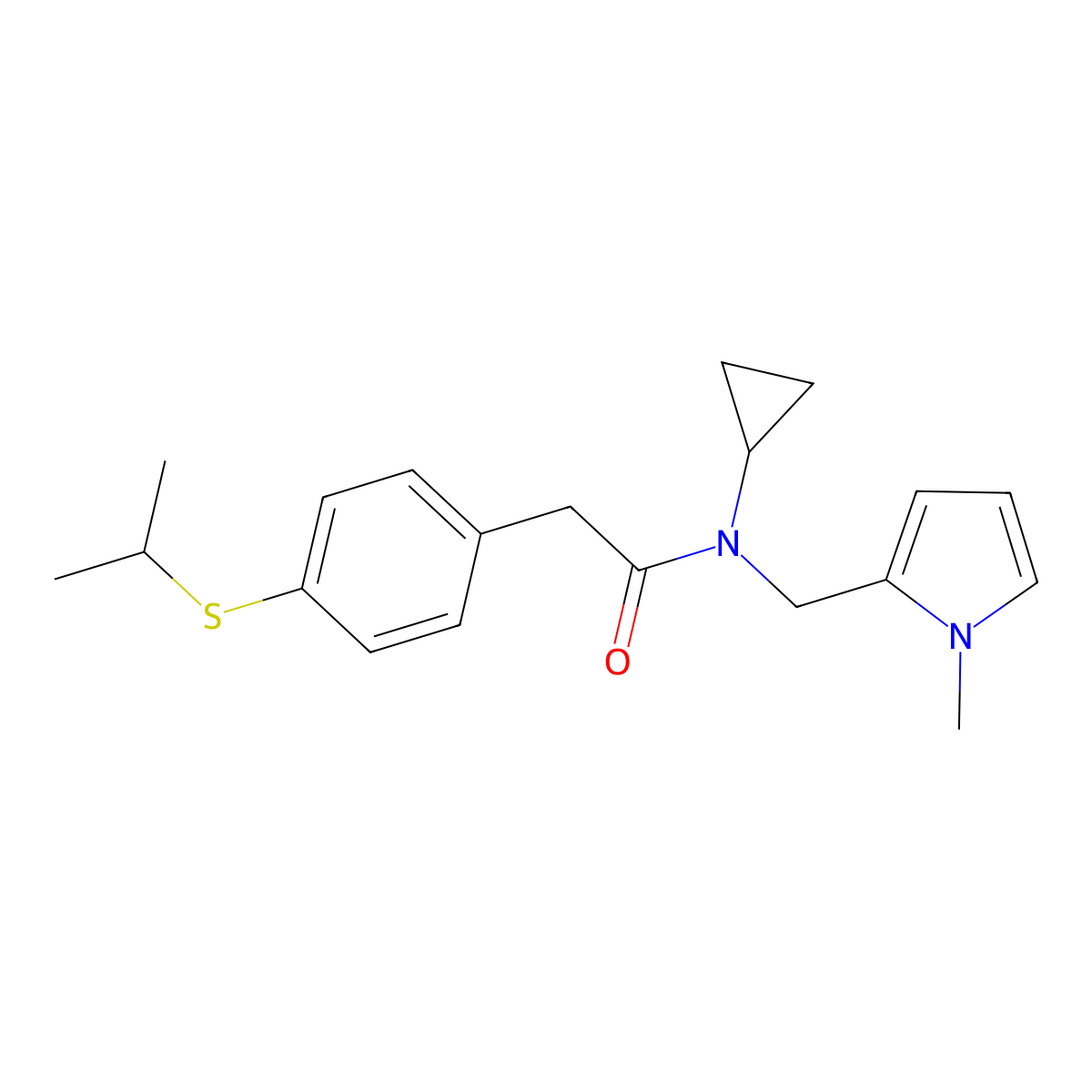 N-cyclopropyl-2-(4-(isopropylthio)phenyl)-N-((1-methyl-1H-pyrrol-2-yl)methyl)acetamide molecular structure, CAS 1351597-40-4