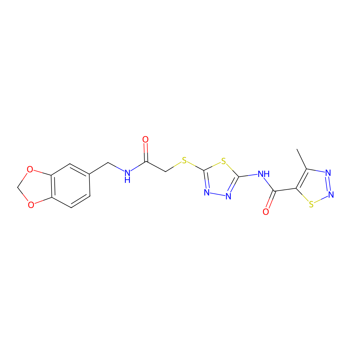 N-(5-((2-((benzo[d][1,3]dioxol-5-ylmethyl)amino)-2-oxoethyl)thio)-1,3,4-thiadiazol-2-yl)-4-methyl-1,2,3-thiadiazole-5-carboxamide molecular structure, CAS 1351597-43-7