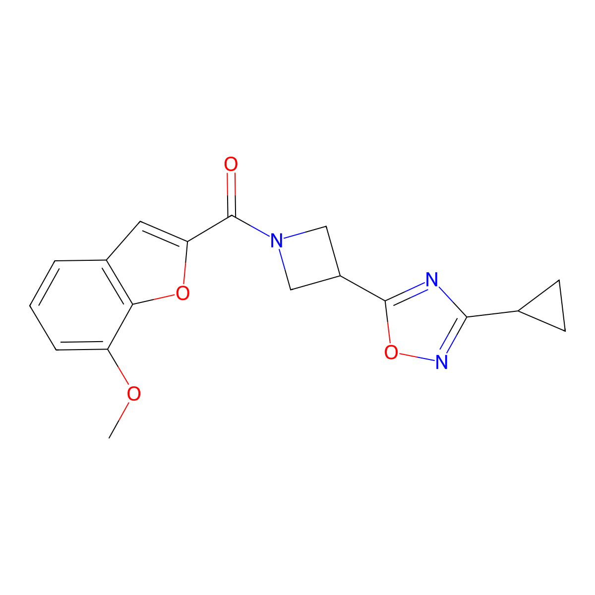 (3-(3-Cyclopropyl-1,2,4-oxadiazol-5-yl)azetidin-1-yl)(7-methoxybenzofuran-2-yl)methanone molecular structure, CAS 1351597-45-9
