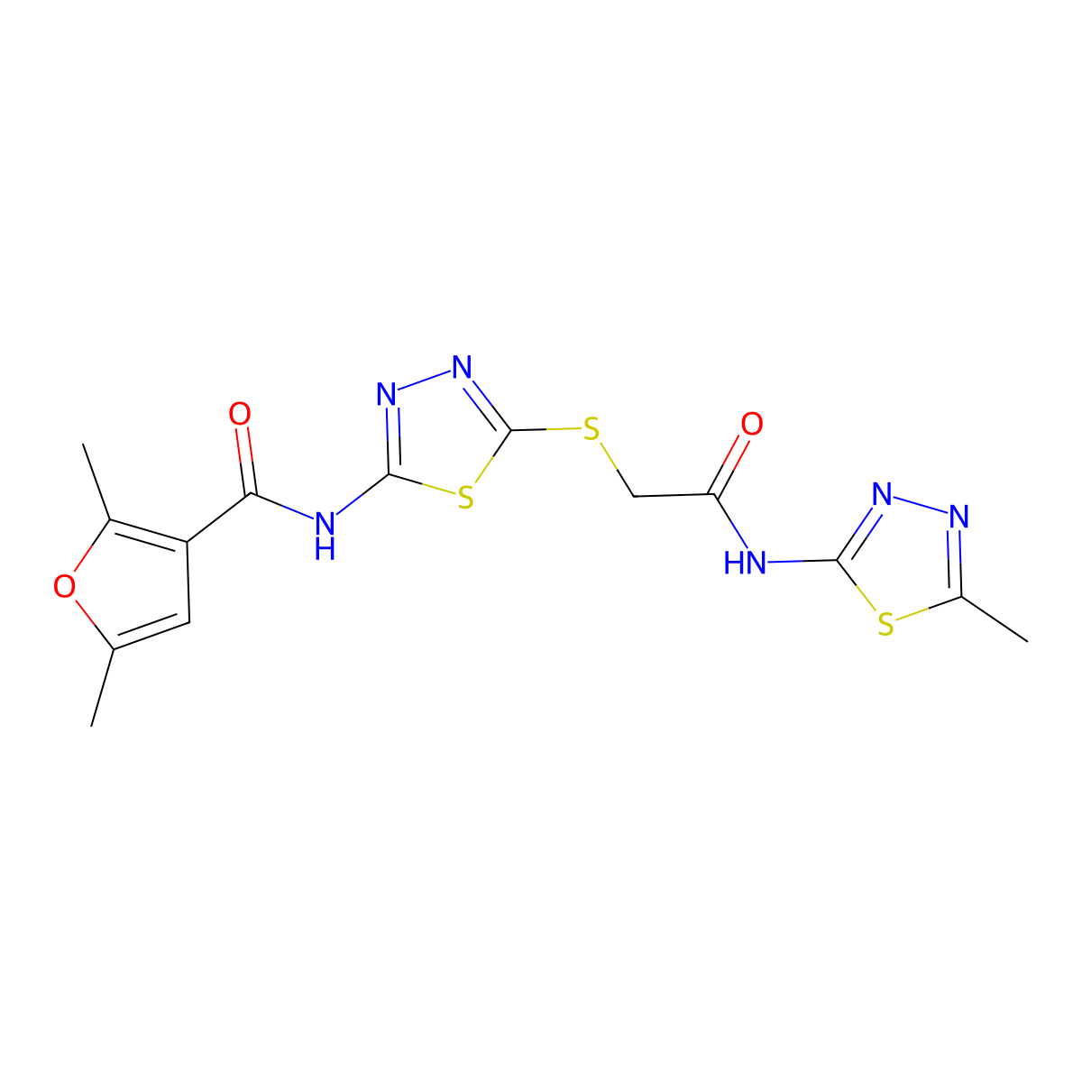 2,5-dimethyl-N-(5-((2-((5-methyl-1,3,4-thiadiazol-2-yl)amino)-2-oxoethyl)thio)-1,3,4-thiadiazol-2-yl)furan-3-carboxamide molecular structure, CAS 1351597-69-7