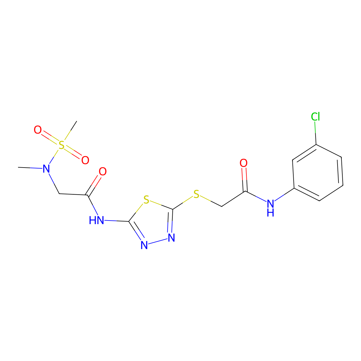 N-[5-({[(3-chlorophenyl)carbamoyl]methyl}sulfanyl)-1,3,4-thiadiazol-2-yl]-2-(N-methylmethanesulfonamido)acetamide molecular structure, CAS 1351597-71-1