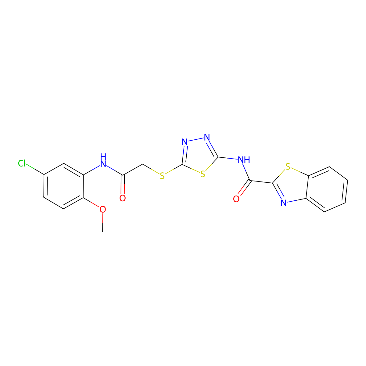 N-(5-((2-((5-chloro-2-methoxyphenyl)amino)-2-oxoethyl)thio)-1,3,4-thiadiazol-2-yl)benzo[d]thiazole-2-carboxamide molecular structure, CAS 1351597-72-2