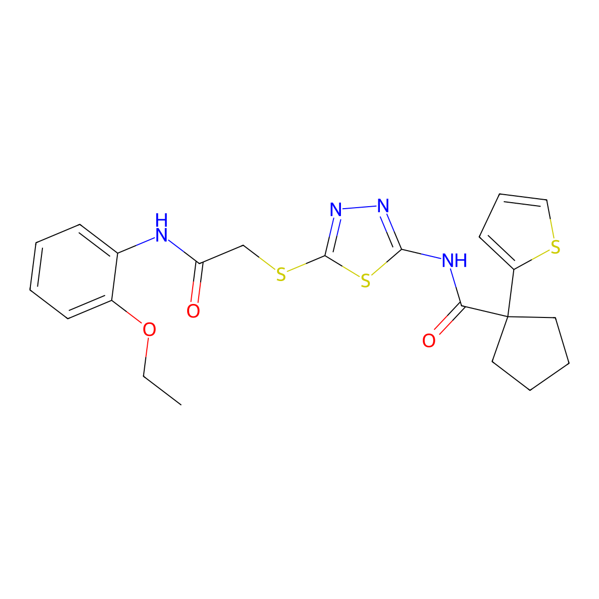 N-(5-((2-((2-ethoxyphenyl)amino)-2-oxoethyl)thio)-1,3,4-thiadiazol-2-yl)-1-(thiophen-2-yl)cyclopentanecarboxamide molecular structure, CAS 1351597-76-6