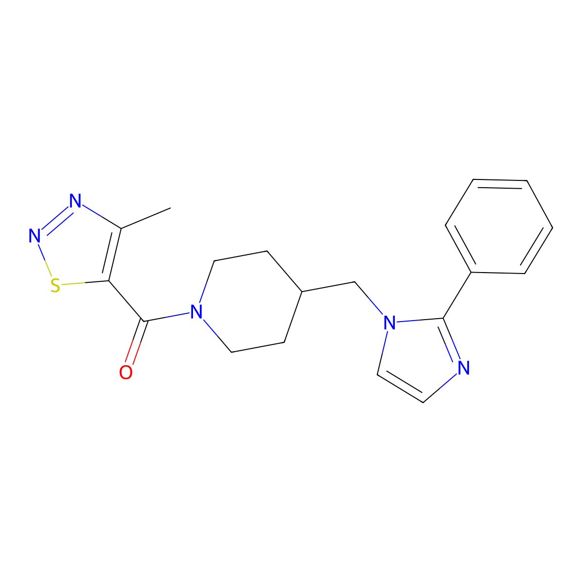 (4-methyl-1,2,3-thiadiazol-5-yl)(4-((2-phenyl-1H-imidazol-1-yl)methyl)piperidin-1-yl)methanone molecular structure, CAS 1351597-88-0