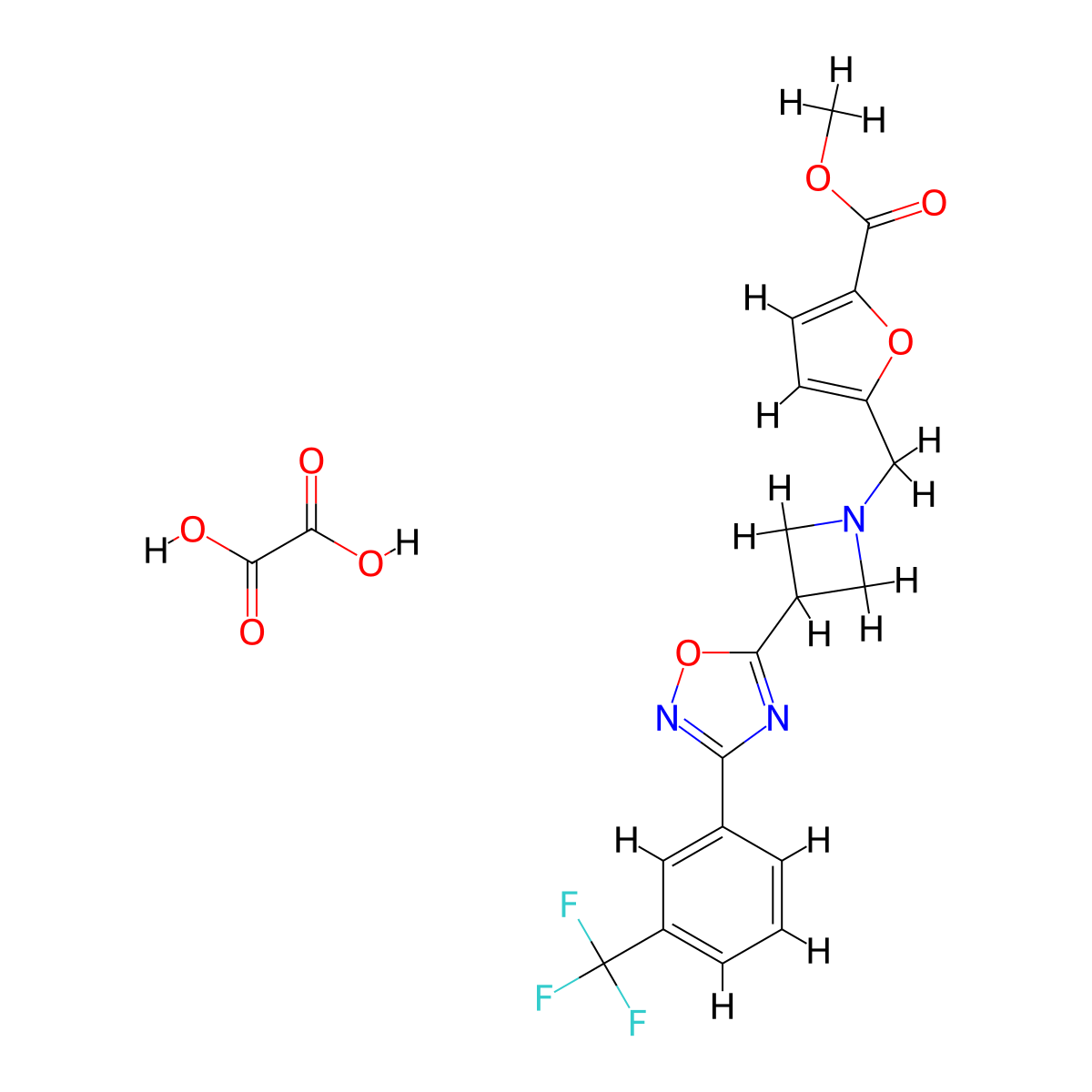 Methyl 5-((3-(3-(3-(trifluoromethyl)phenyl)-1,2,4-oxadiazol-5-yl)azetidin-1-yl)methyl)furan-2-carboxylate oxalate molecular structure, CAS 1351598-17-8