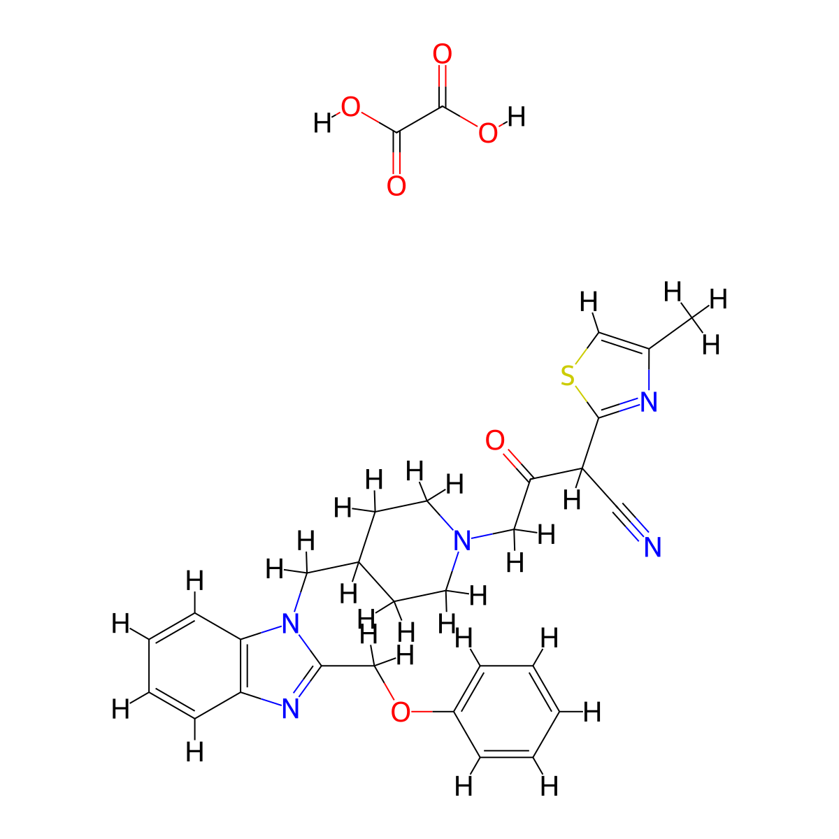 2-(4-methylthiazol-2-yl)-3-oxo-4-(4-((2-(phenoxymethyl)-1H-benzo[d]imidazol-1-yl)methyl)piperidin-1-yl)butanenitrile oxalate molecular structure, CAS 1351598-23-6