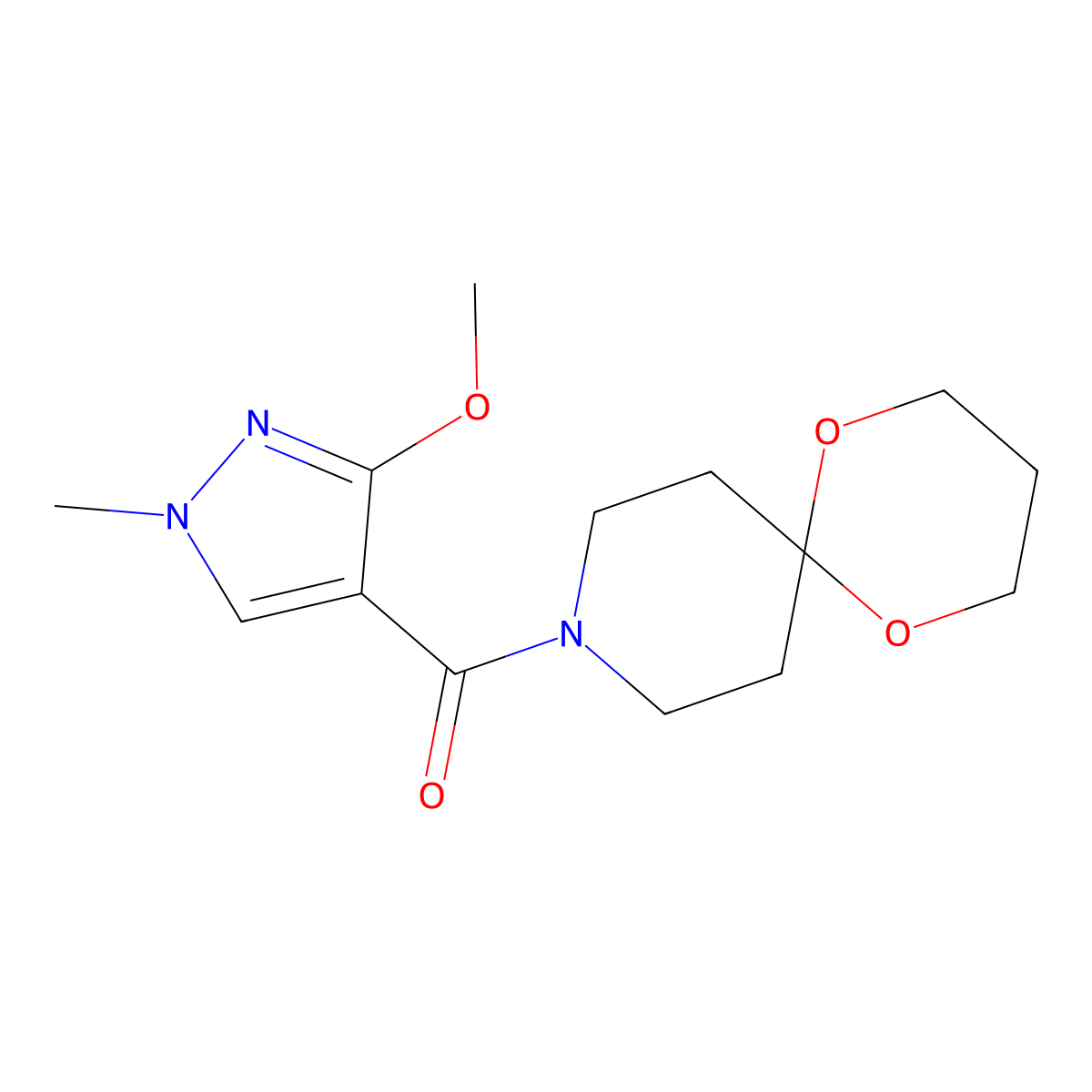 (3-methoxy-1-methyl-1H-pyrazol-4-yl)(1,5-dioxa-9-azaspiro[5.5]undecan-9-yl)methanone molecular structure, CAS 1351598-31-6