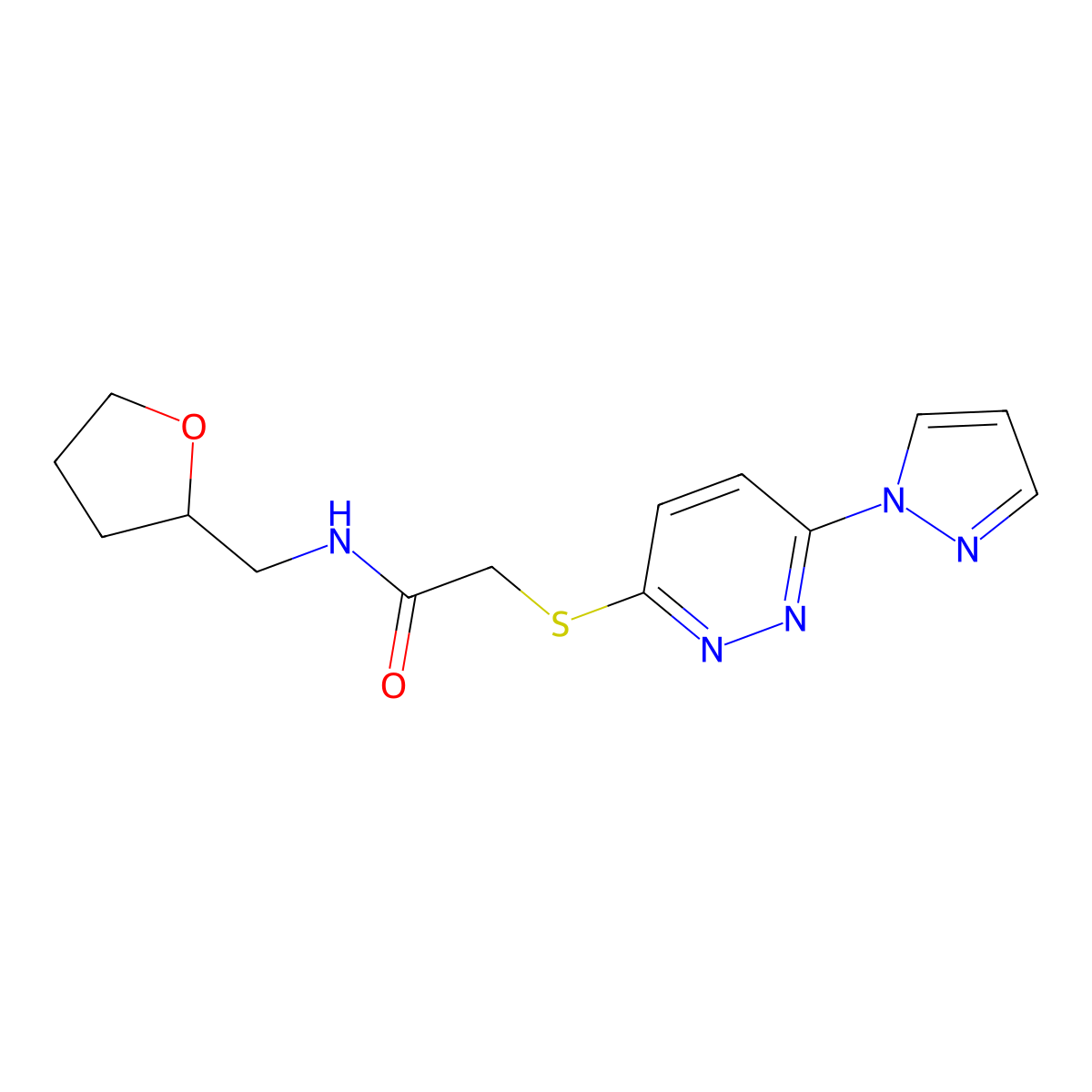 2-((6-(1H-pyrazol-1-yl)pyridazin-3-yl)thio)-N-((tetrahydrofuran-2-yl)methyl)acetamide molecular structure, CAS 1351598-33-8