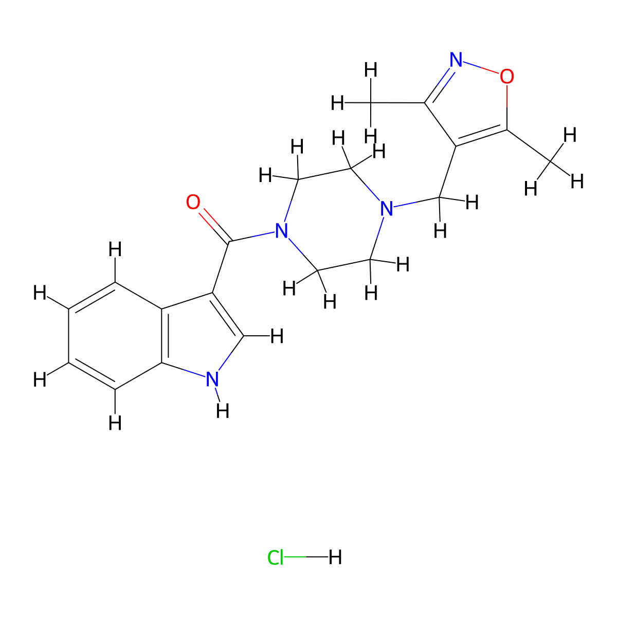 (4-((3,5-dimethylisoxazol-4-yl)methyl)piperazin-1-yl)(1H-indol-3-yl)methanone hydrochloride molecular structure, CAS 1351599-08-0