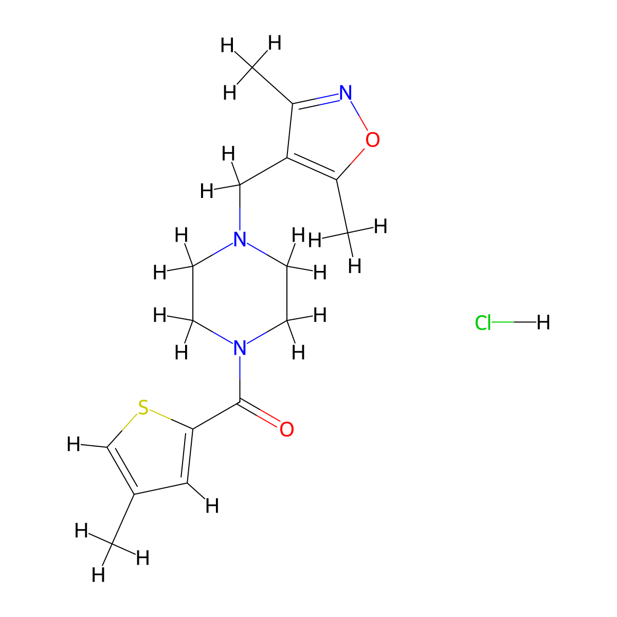 (4-((3,5-Dimethylisoxazol-4-yl)methyl)piperazin-1-yl)(4-methylthiophen-2-yl)methanone hydrochloride molecular structure, CAS 1351599-12-6