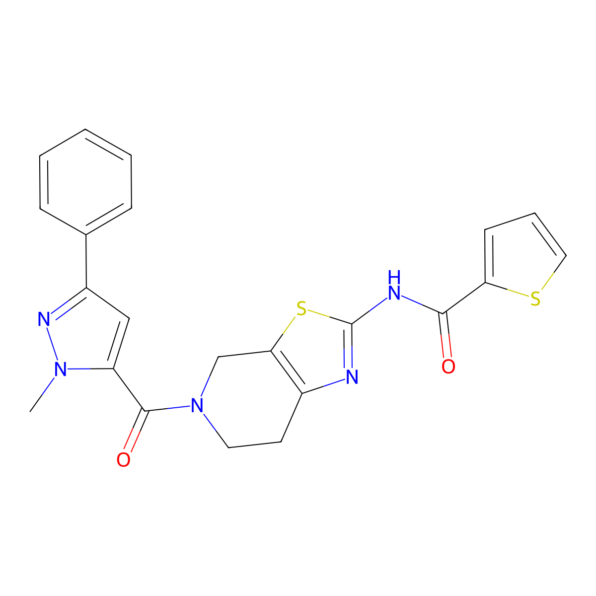 N-(5-(1-methyl-3-phenyl-1H-pyrazole-5-carbonyl)-4,5,6,7-tetrahydrothiazolo[5,4-c]pyridin-2-yl)thiophene-2-carboxamide molecular structure, CAS 1351599-22-8