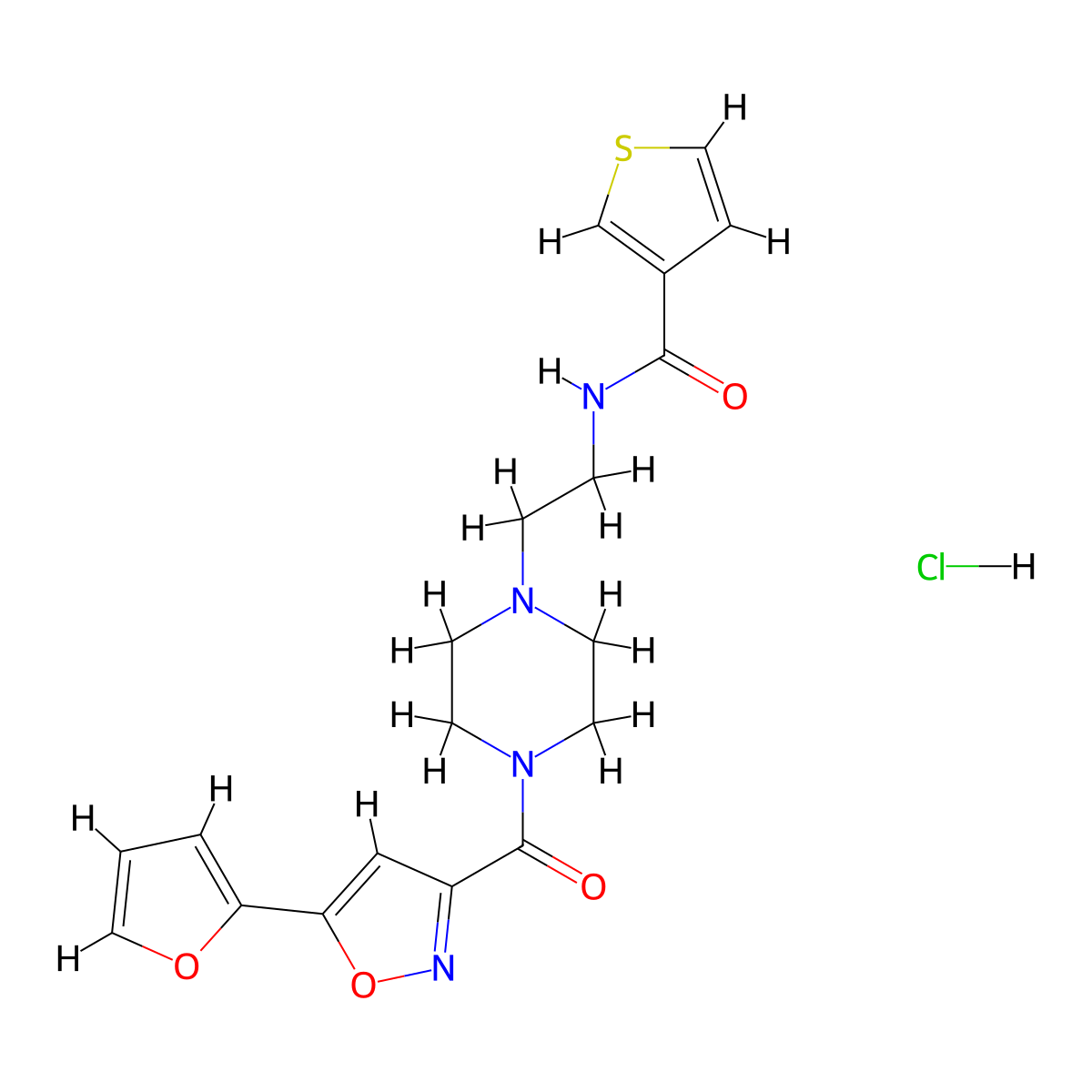 N-(2-(4-(5-(furan-2-yl)isoxazole-3-carbonyl)piperazin-1-yl)ethyl)thiophene-3-carboxamide hydrochloride molecular structure, CAS 1351599-31-9