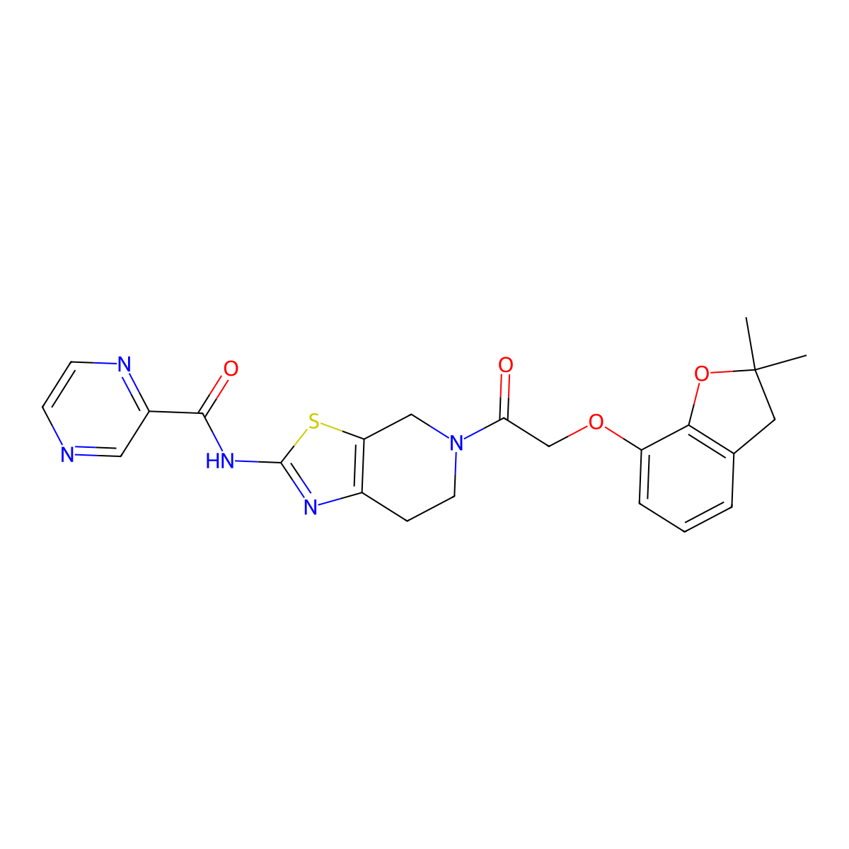 N-(5-{2-[(2,2-dimethyl-2,3-dihydro-1-benzofuran-7-yl)oxy]acetyl}-4H,5H,6H,7H-[1,3]thiazolo[5,4-c]pyridin-2-yl)pyrazine-2-carboxamide molecular structure, CAS 1351599-35-3