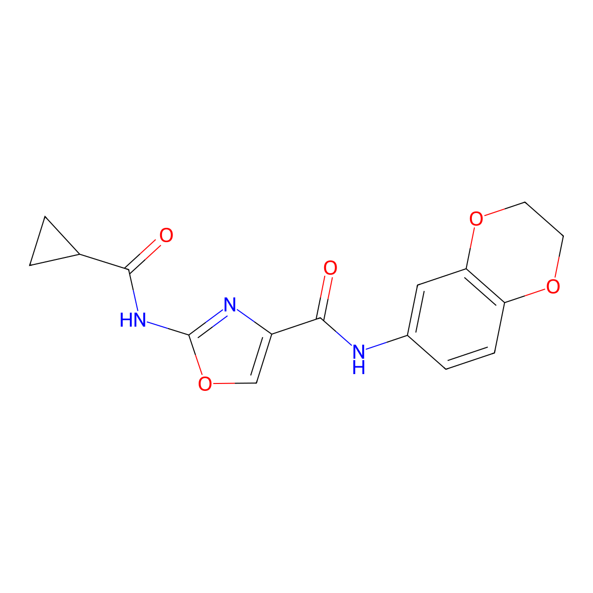2-(cyclopropanecarboxamido)-N-(2,3-dihydrobenzo[b][1,4]dioxin-6-yl)oxazole-4-carboxamide molecular structure, CAS 1351599-64-8