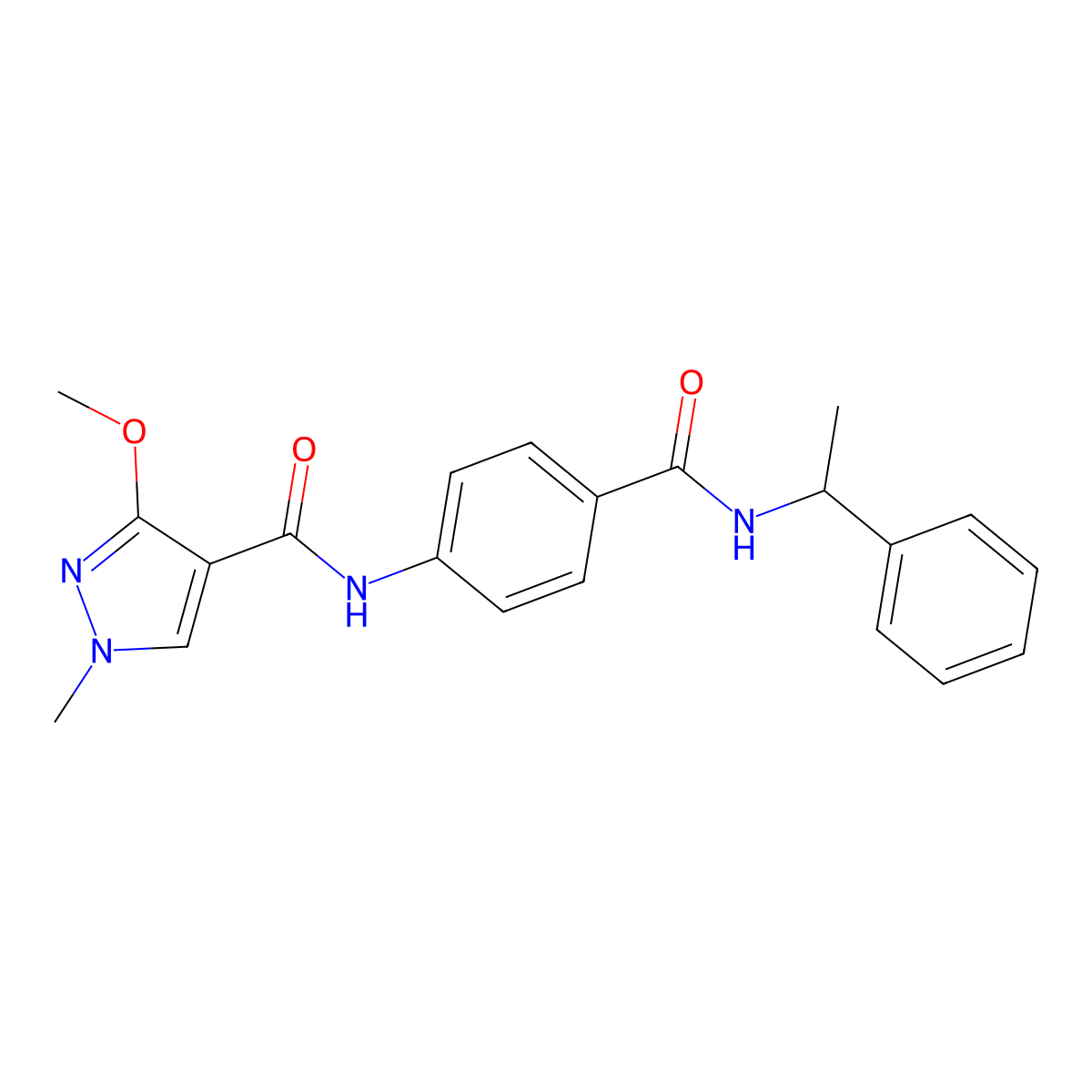 3-methoxy-1-methyl-N-(4-((1-phenylethyl)carbamoyl)phenyl)-1H-pyrazole-4-carboxamide molecular structure, CAS 1351599-65-9