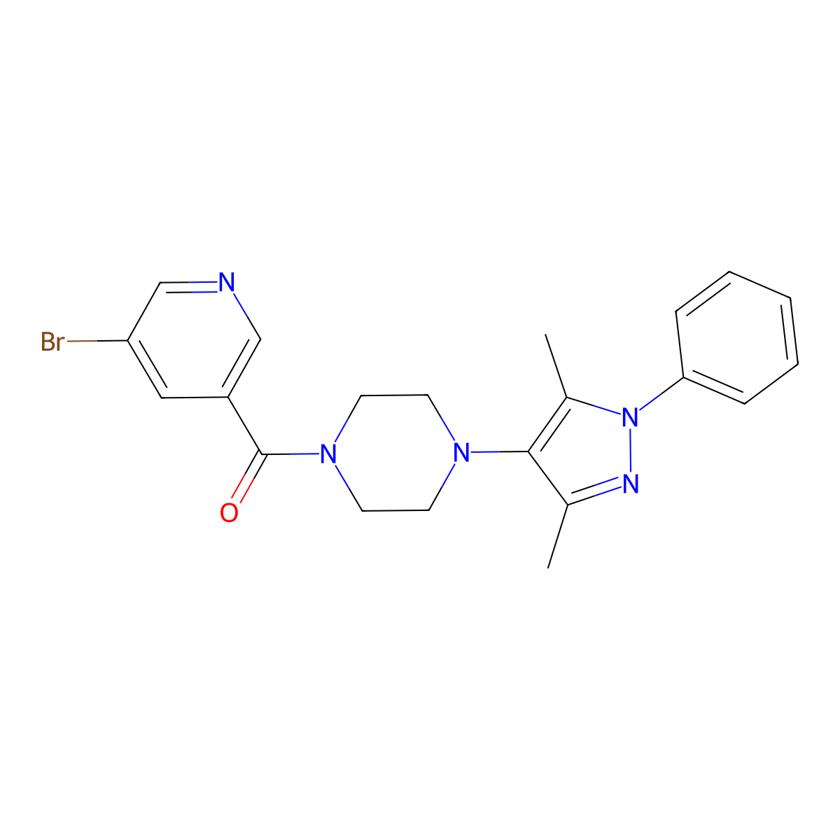 1-(5-bromopyridine-3-carbonyl)-4-(3,5-dimethyl-1-phenyl-1H-pyrazol-4-yl)piperazine molecular structure, CAS 1351599-69-3