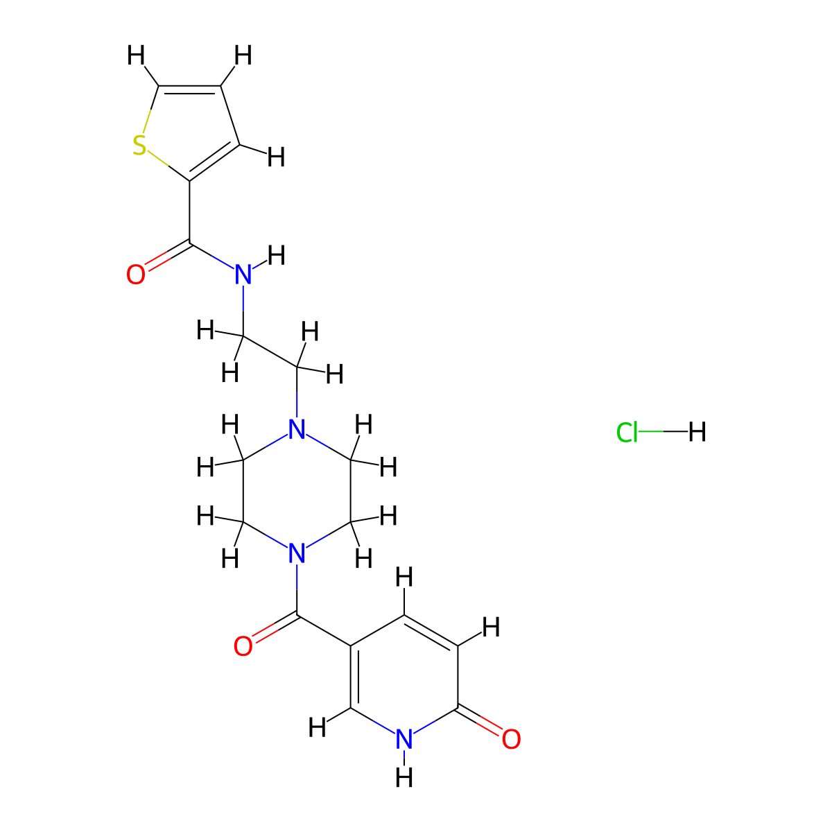 N-(2-(4-(6-oxo-1,6-dihydropyridine-3-carbonyl)piperazin-1-yl)ethyl)thiophene-2-carboxamide hydrochloride molecular structure, CAS 1351599-70-6