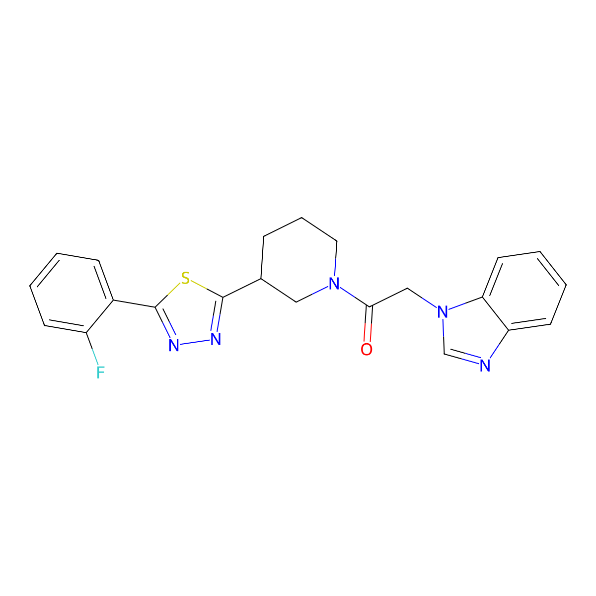 2-(1H-benzo[d]imidazol-1-yl)-1-(3-(5-(2-fluorophenyl)-1,3,4-thiadiazol-2-yl)piperidin-1-yl)ethanone molecular structure, CAS 1351599-92-2