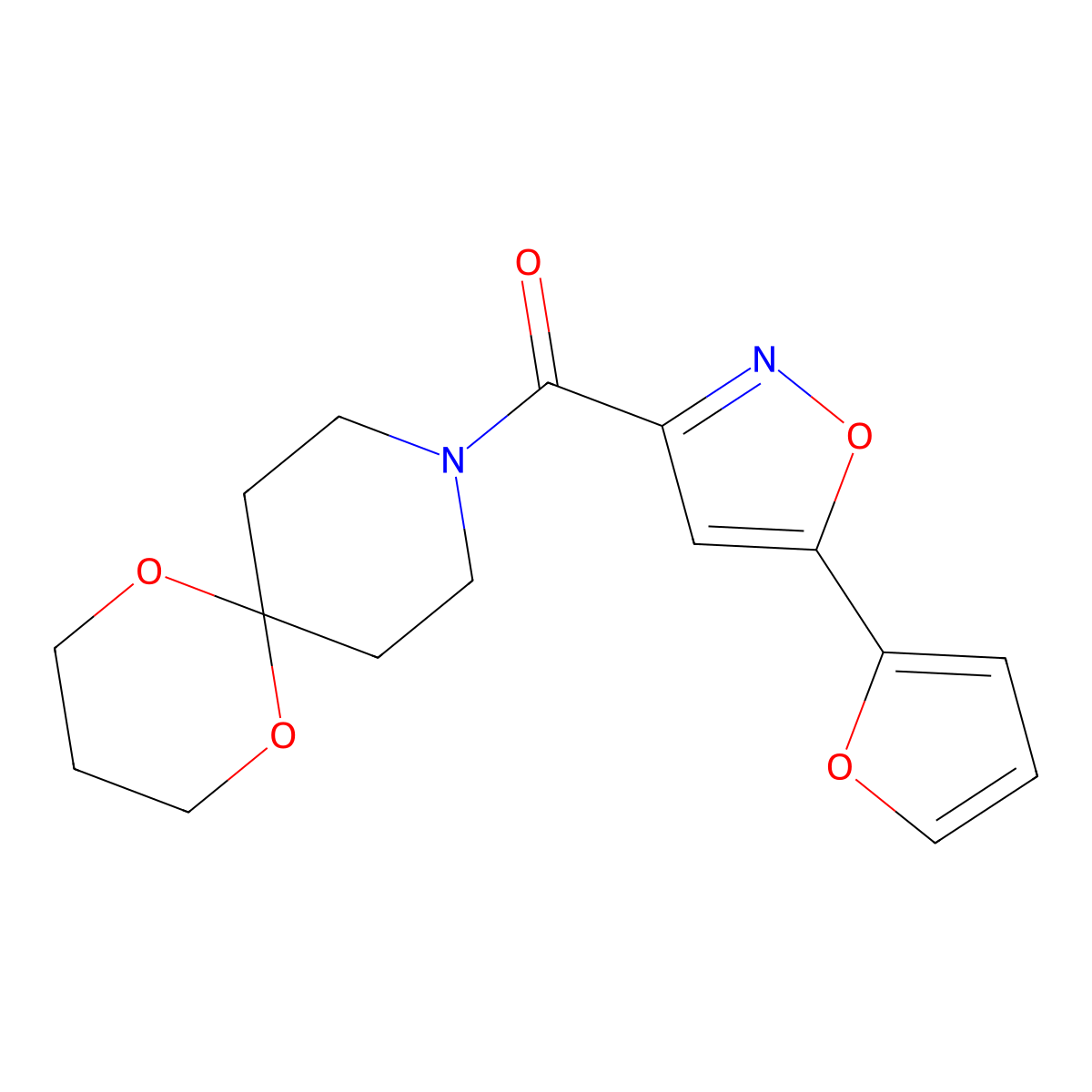 (5-(Furan-2-yl)isoxazol-3-yl)(1,5-dioxa-9-azaspiro[5.5]undecan-9-yl)methanone molecular structure, CAS 1351600-89-9