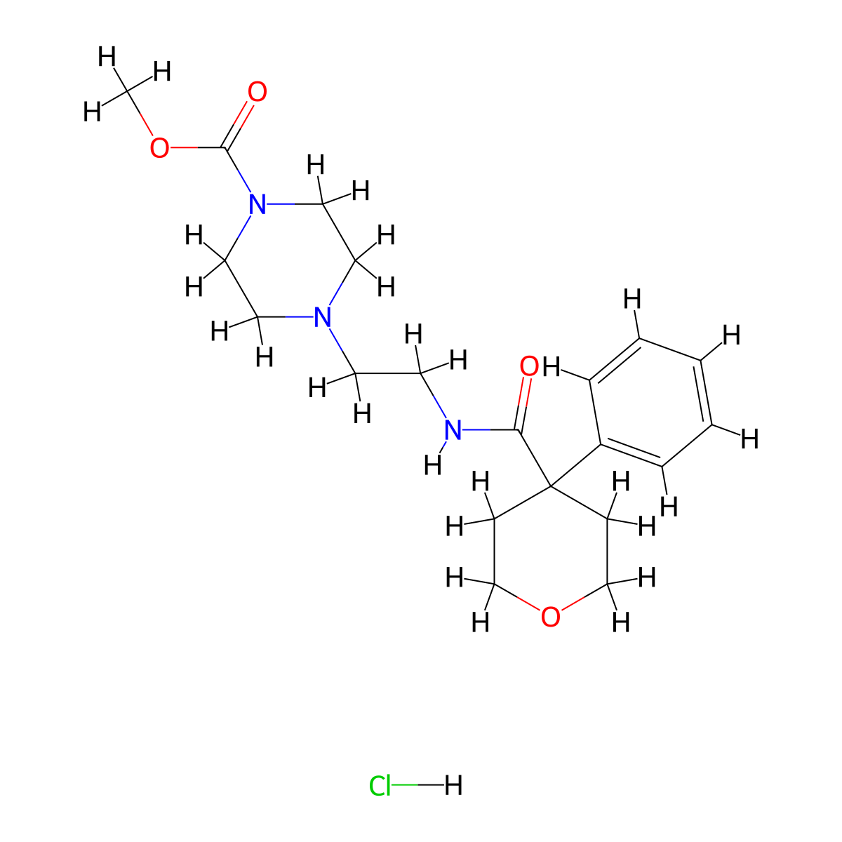 methyl 4-(2-(4-phenyltetrahydro-2H-pyran-4-carboxamido)ethyl)piperazine-1-carboxylate hydrochloride molecular structure, CAS 1351600-94-6