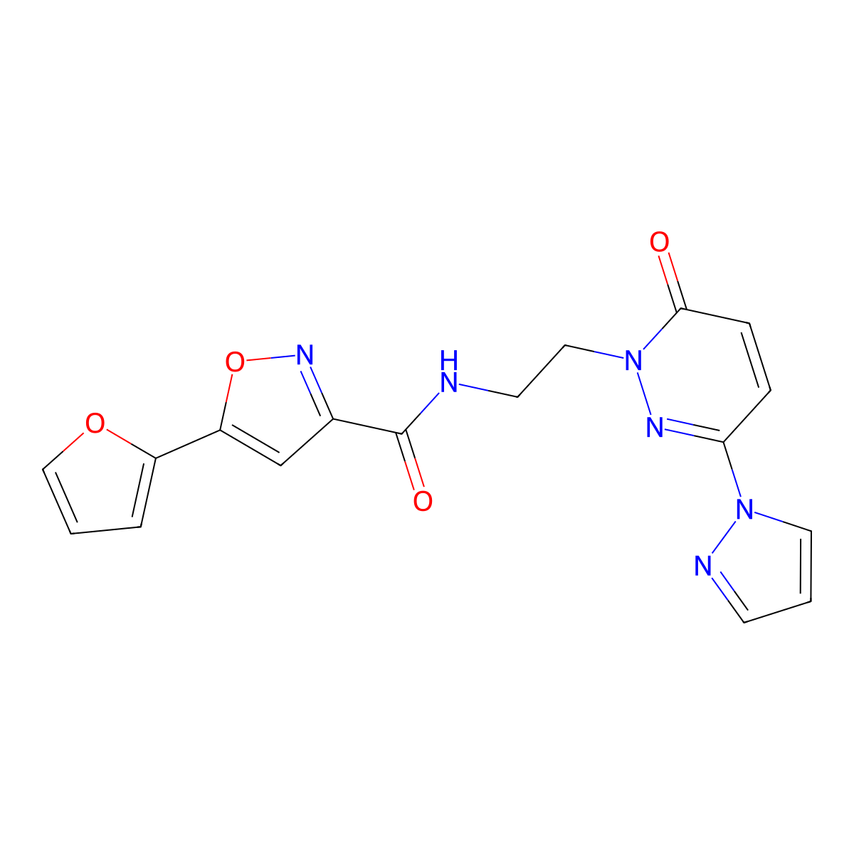 5-(furan-2-yl)-N-(2-(6-oxo-3-(1H-pyrazol-1-yl)pyridazin-1(6H)-yl)ethyl)isoxazole-3-carboxamide molecular structure, CAS 1351601-12-1