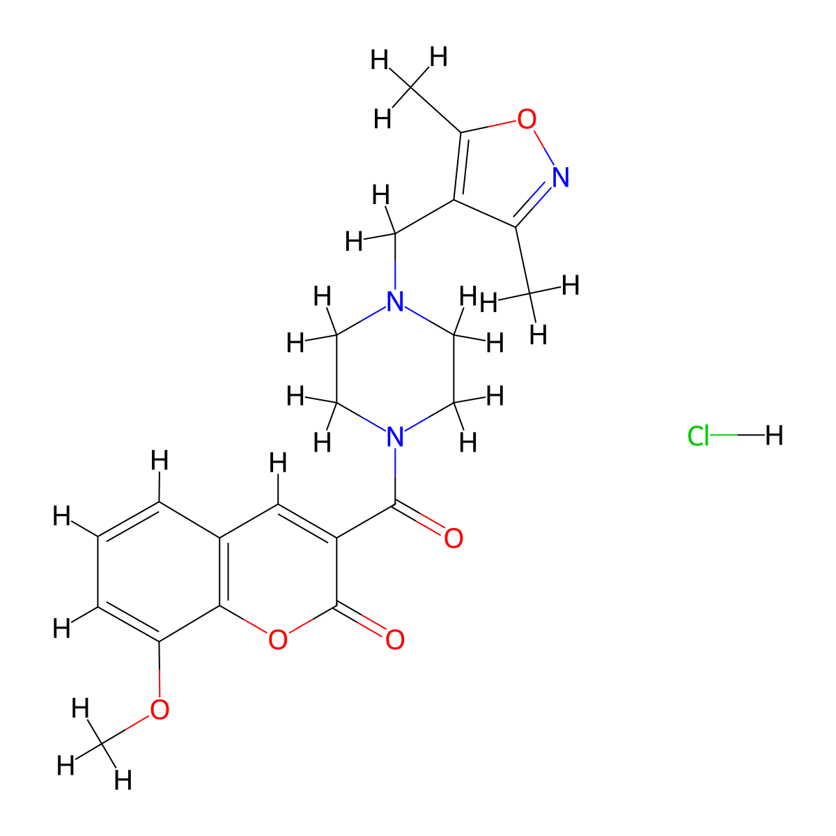 3-(4-((3,5-dimethylisoxazol-4-yl)methyl)piperazine-1-carbonyl)-8-methoxy-2H-chromen-2-one hydrochloride molecular structure, CAS 1351601-61-0
