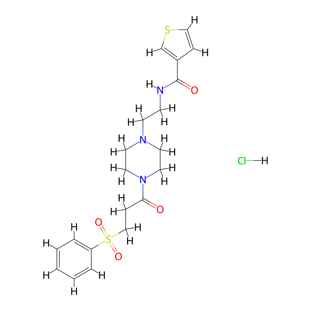 N-(2-(4-(3-(phenylsulfonyl)propanoyl)piperazin-1-yl)ethyl)thiophene-3-carboxamide hydrochloride molecular structure, CAS 1351601-73-4