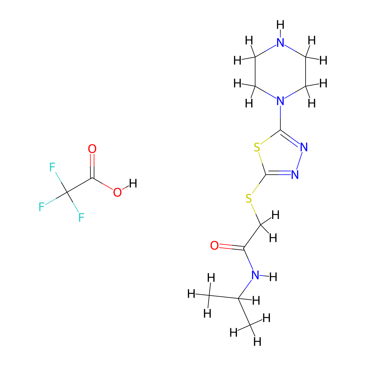 N-isopropyl-2-((5-(piperazin-1-yl)-1,3,4-thiadiazol-2-yl)thio)acetamide 2,2,2-trifluoroacetate molecular structure, CAS 1351602-07-7