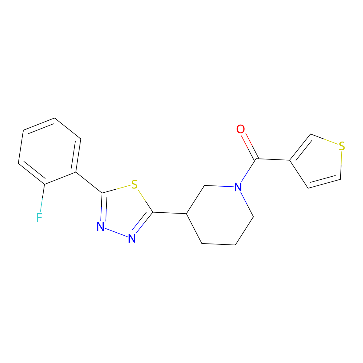 (3-(5-(2-Fluorophenyl)-1,3,4-thiadiazol-2-yl)piperidin-1-yl)(thiophen-3-yl)methanone molecular structure, CAS 1351602-68-0